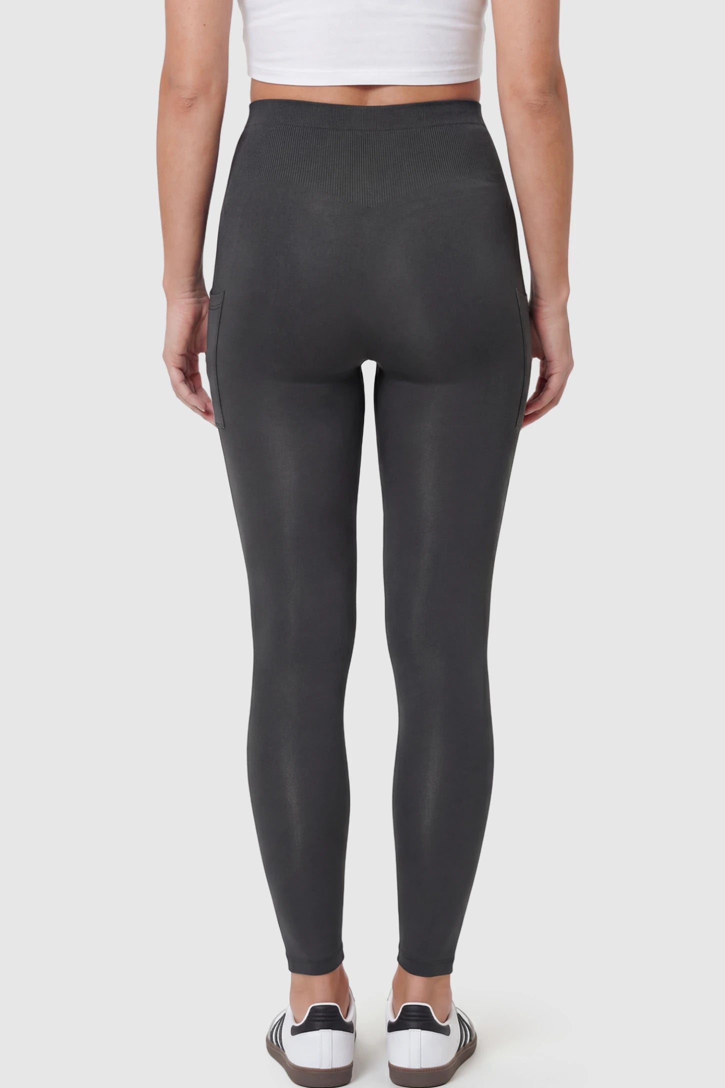 High Waist Ankle Length Pocketed Maternity Leggings High-Waist Ankle-Length Pocketed Maternity Leggings in Gray on a pregnant model.