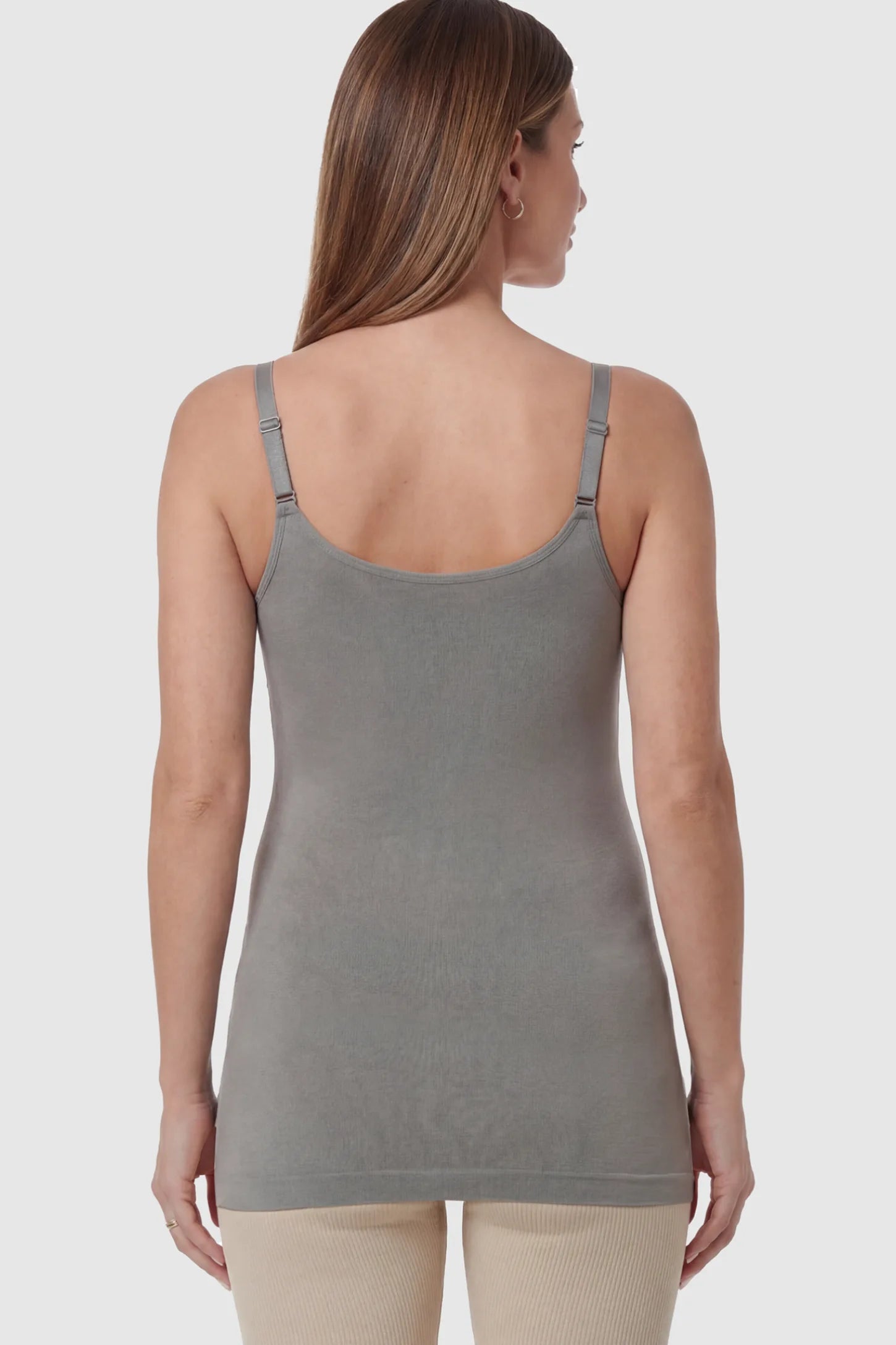 Solid Seamless Maternity & Nursing Camisole Solid Seamless Maternity & Nursing Camisole in Gray on a pregnant model.