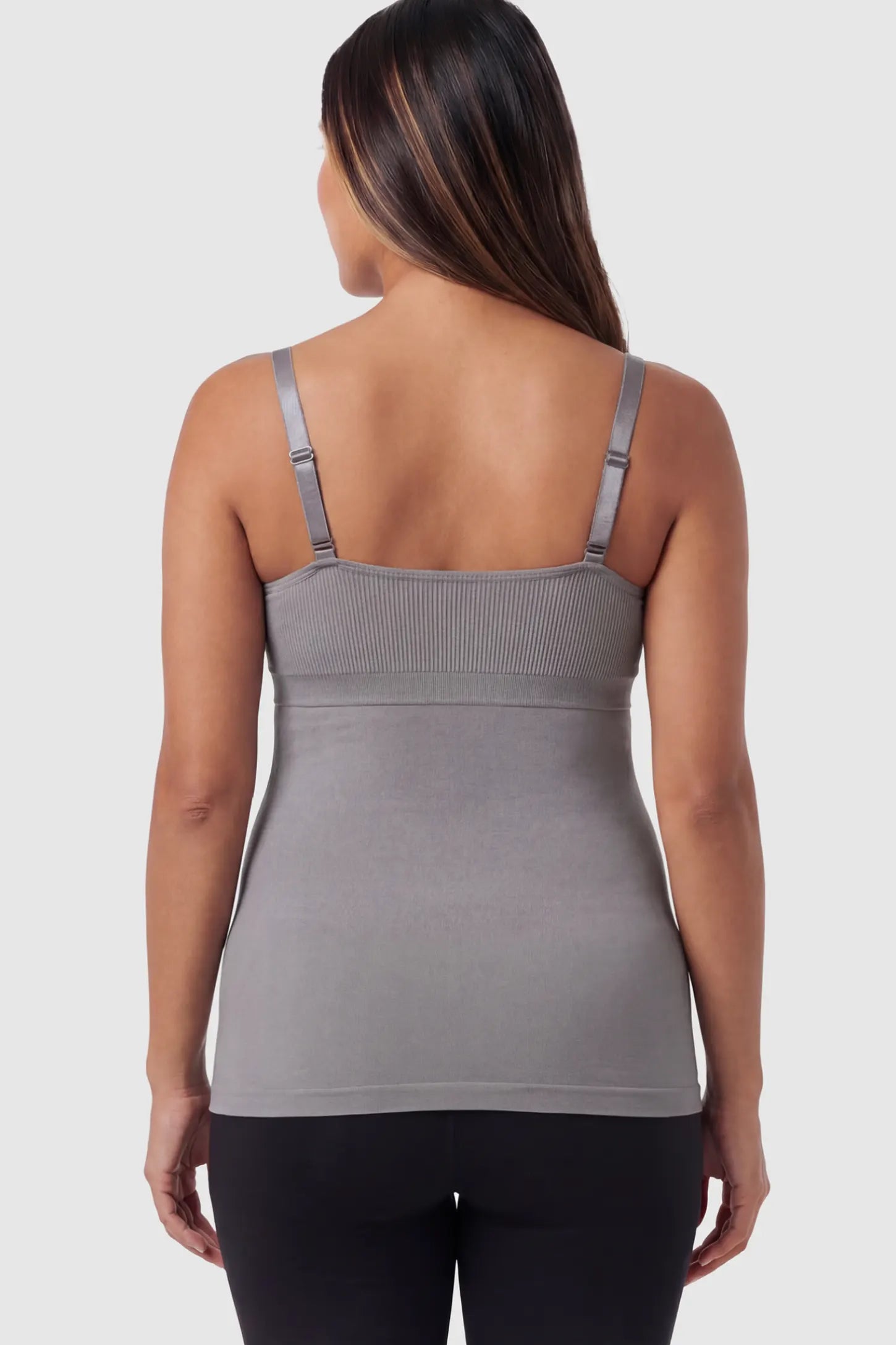 Solid Seamless Maternity & Nursing Camisole Solid Seamless Maternity & Nursing Camisole in Baili Gray on a pregnant model.