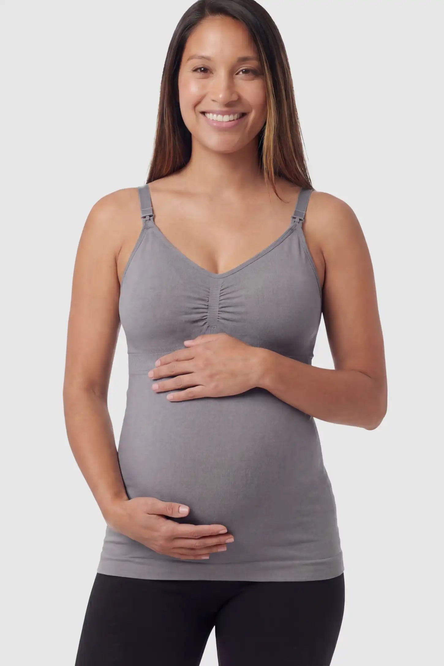 Solid Seamless Maternity & Nursing Camisole Solid Seamless Maternity & Nursing Camisole in Baili Gray featuring one-handed nursing clips on a pregnant model.