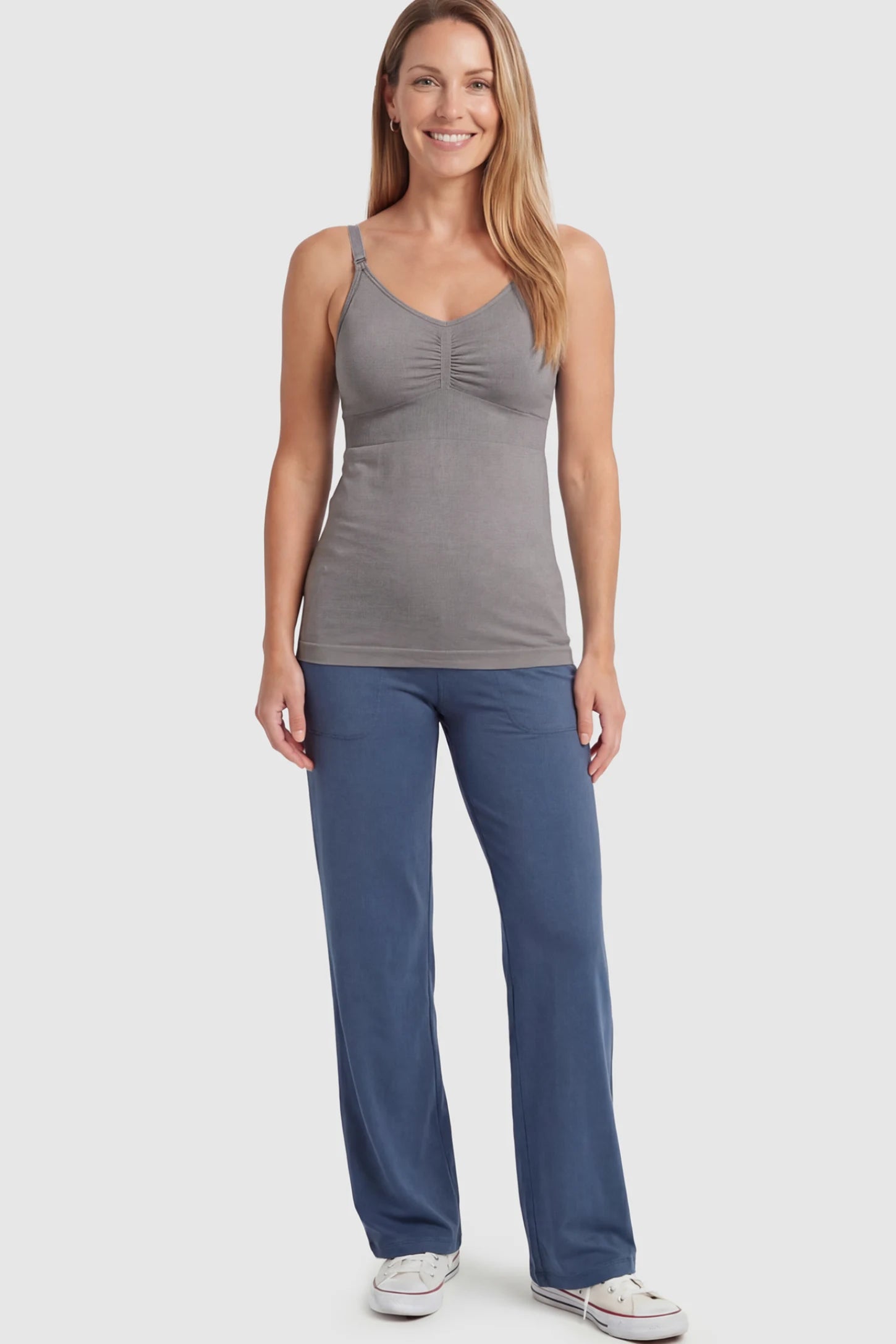 Solid Seamless Maternity & Nursing Camisole Solid Seamless Maternity & Nursing Camisole in Baili Gray featuring one-handed nursing clips on a non pregnant model.