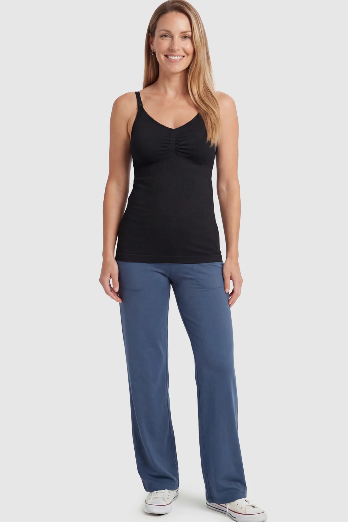 Solid Seamless Maternity & Nursing Camisole Solid Seamless Maternity & Nursing Camisole in Black featuring one-handed nursing clips on a non pregnant model.