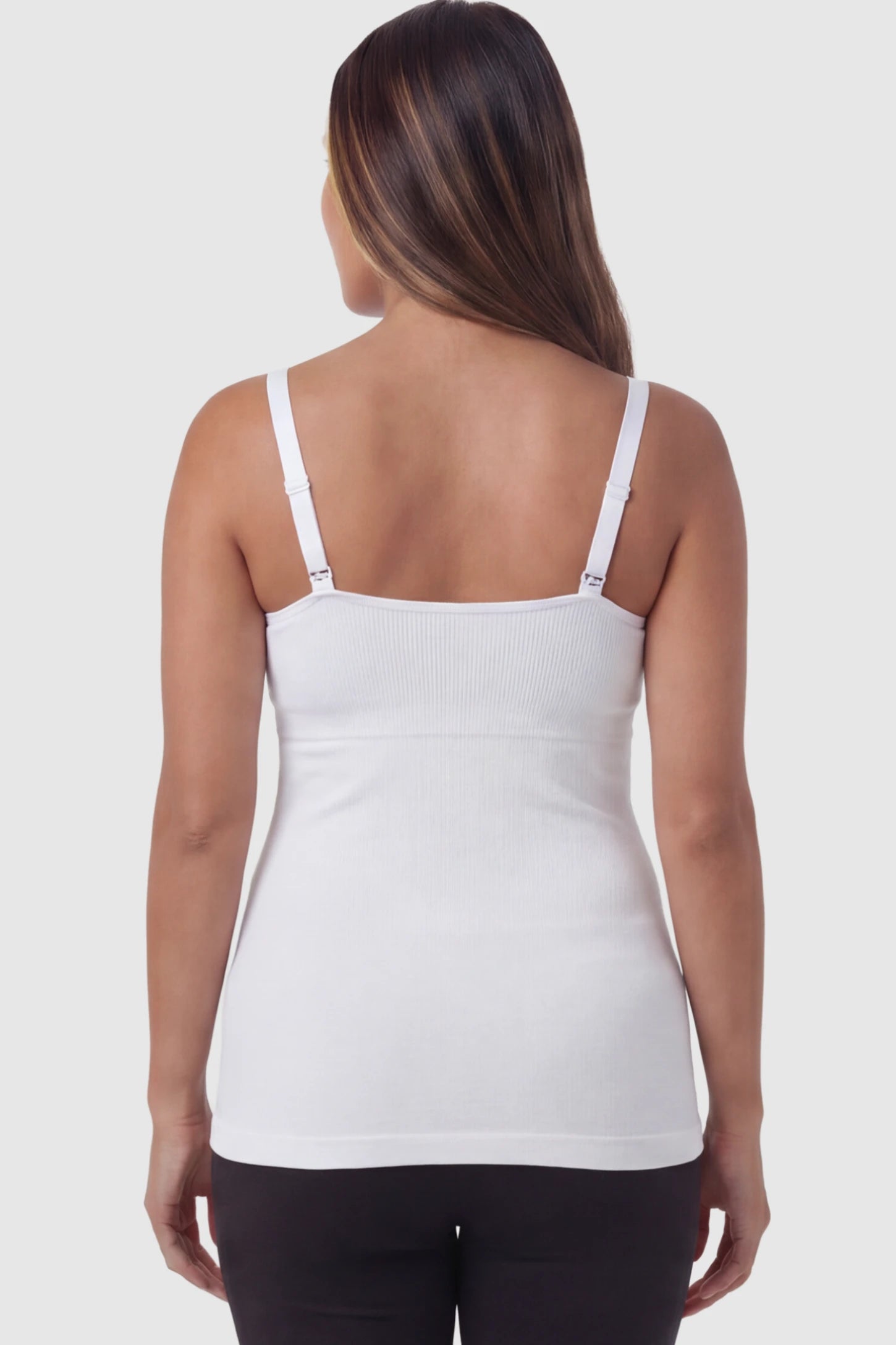 Solid Seamless Maternity & Nursing Camisole Solid Seamless Maternity & Nursing Camisole in White on a pregnant model.
