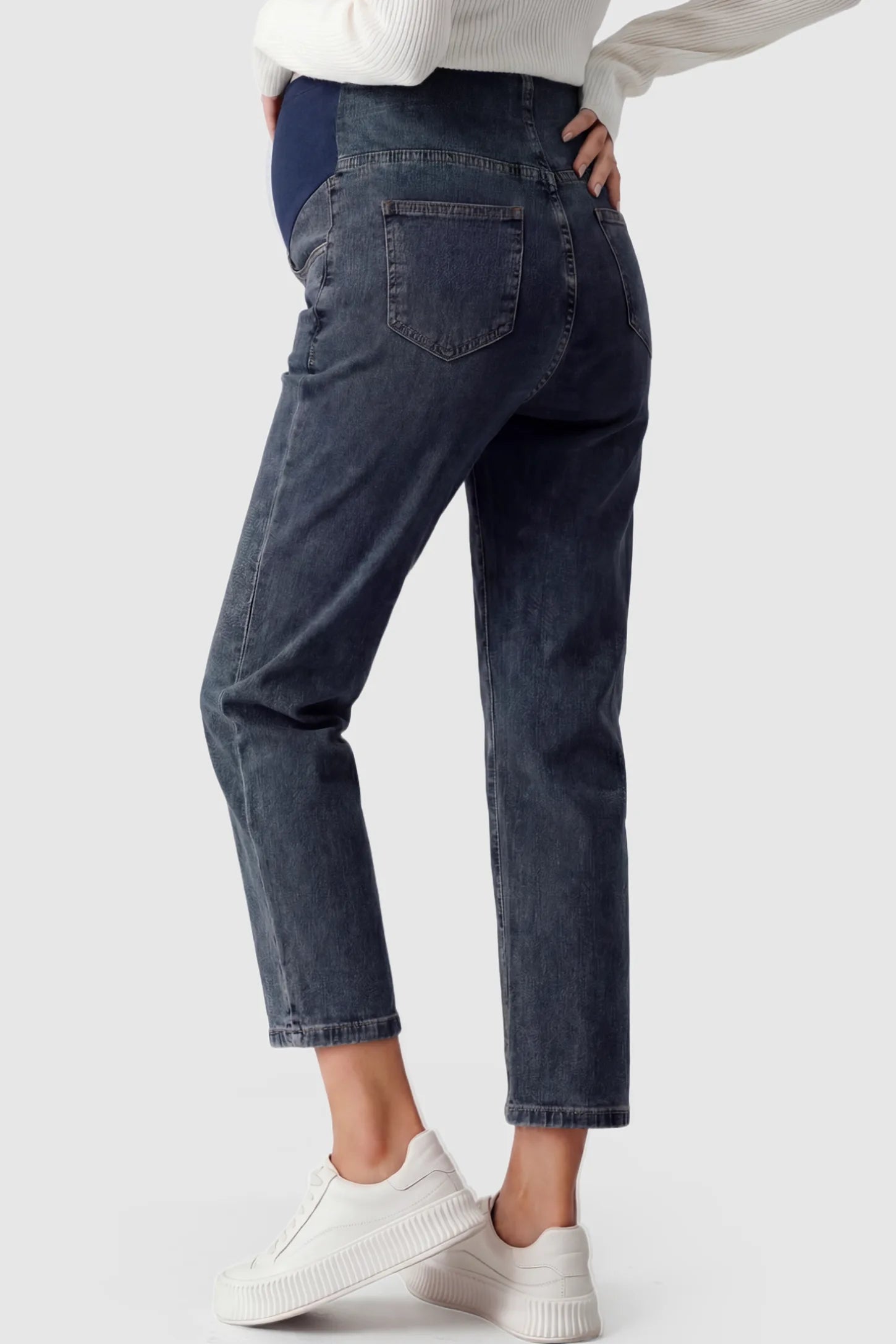 Elastic Full Panel Straight Leg Maternity Jeans Elastic Full Panel Straight Leg Maternity Jeans in Blue Gray on a pregnant model.