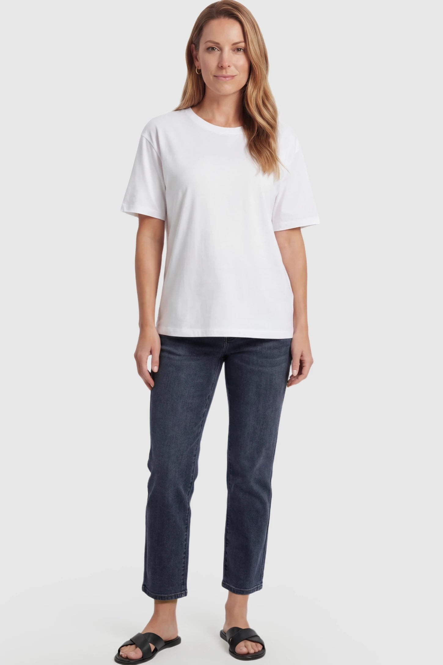 Elastic Full Panel Straight Leg Maternity Jeans Elastic Full Panel Straight Leg Maternity Jeans in Blue Gray featuring a high-stretch jersey waistband on a postpartum model.