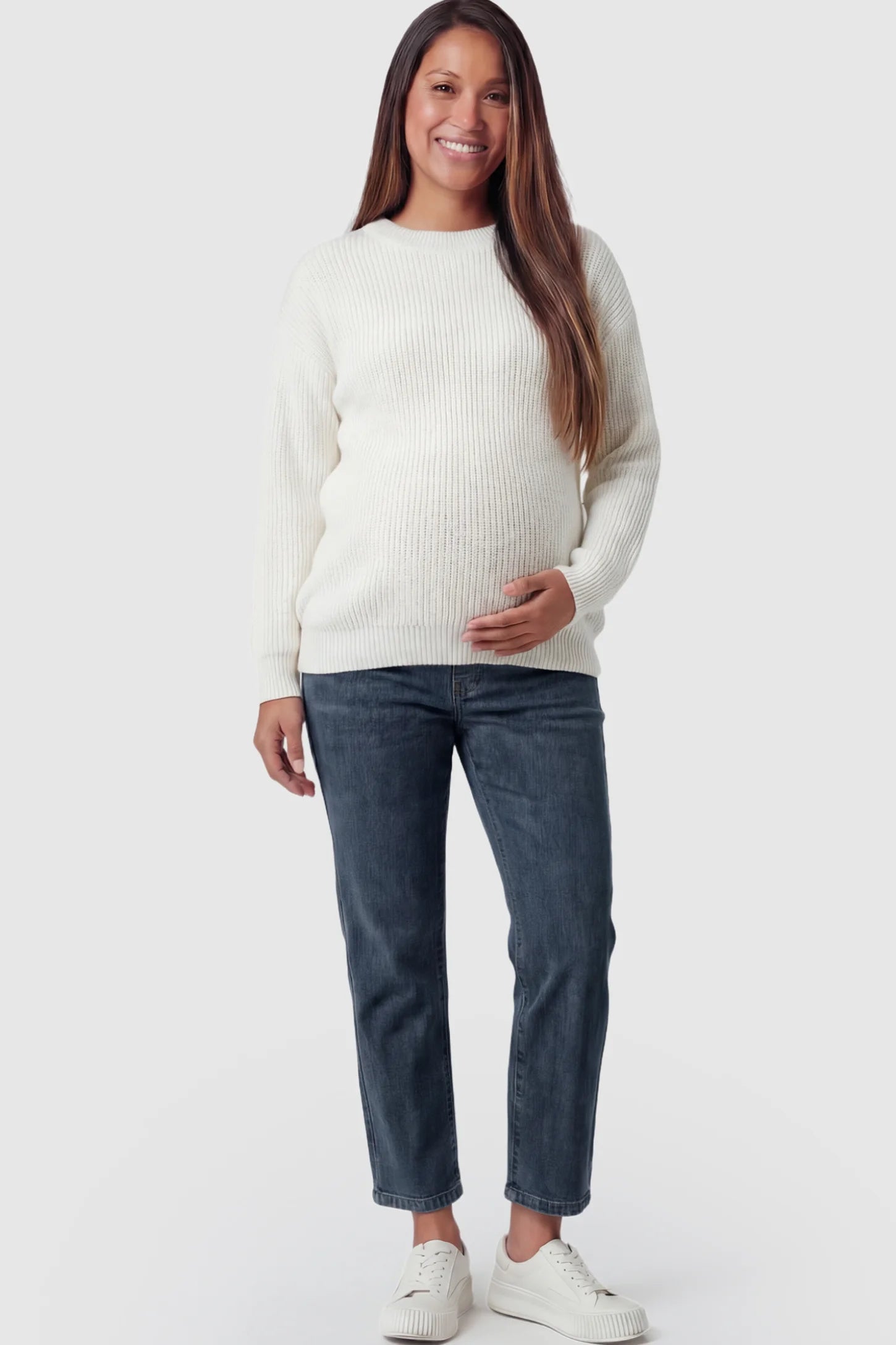 Elastic Full Panel Straight Leg Maternity Jeans Elastic Full Panel Straight Leg Maternity Jeans in Blue Gray featuring a high-stretch jersey waistband on a pregnant model.