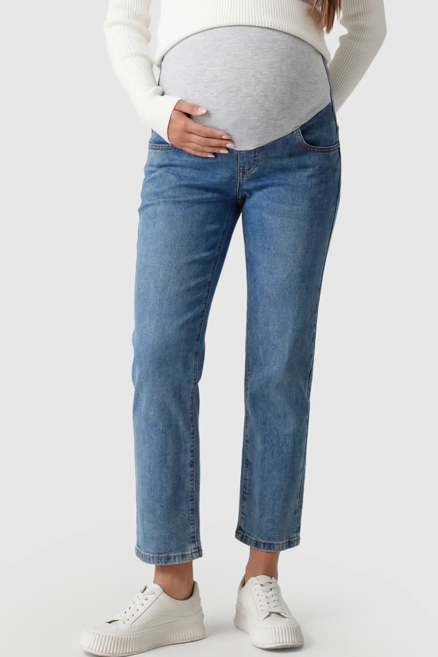 Elastic Full Panel Straight Leg Maternity Jeans in Denim Blue featuring a high-stretch jersey waistband on a pregnant model.