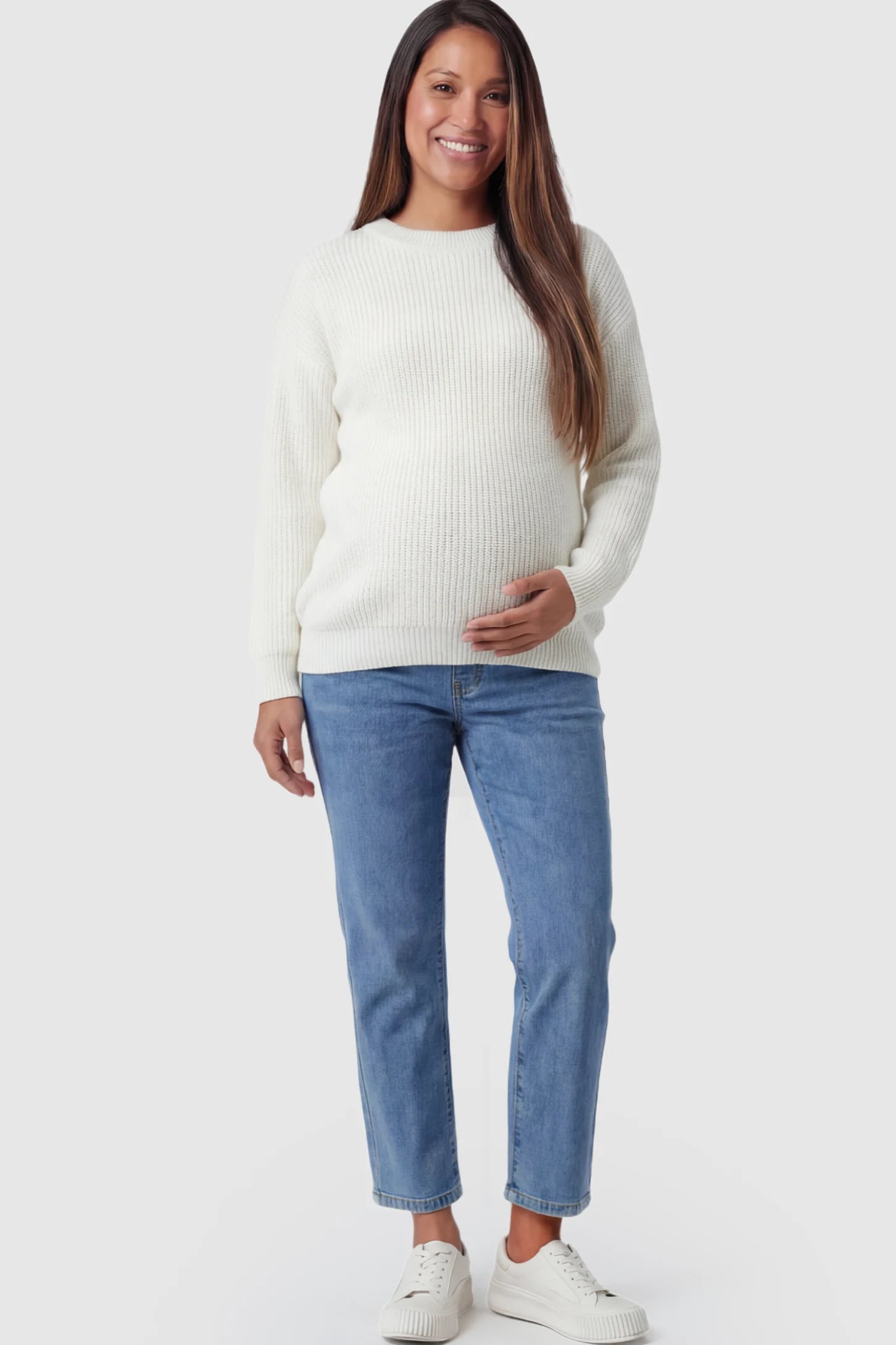 Elastic Full Panel Straight Leg Maternity Jeans in Denim Blue featuring a high-stretch jersey waistband on a pregnant model.