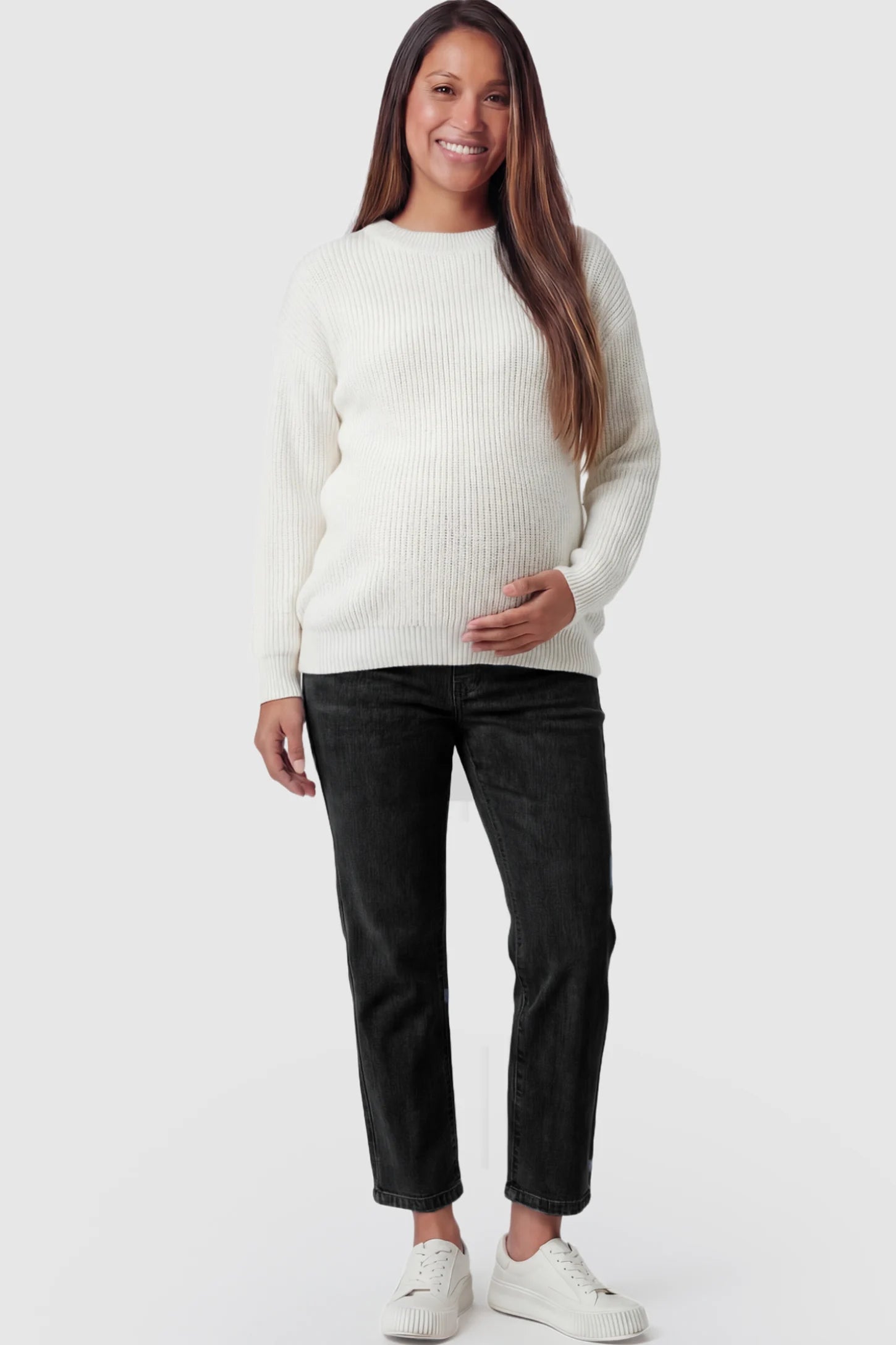 Elastic Full Panel Straight Leg Maternity Jeans Elastic Full Panel Straight Leg Maternity Jeans in Black featuring a high-stretch jersey waistband on a pregnant model.