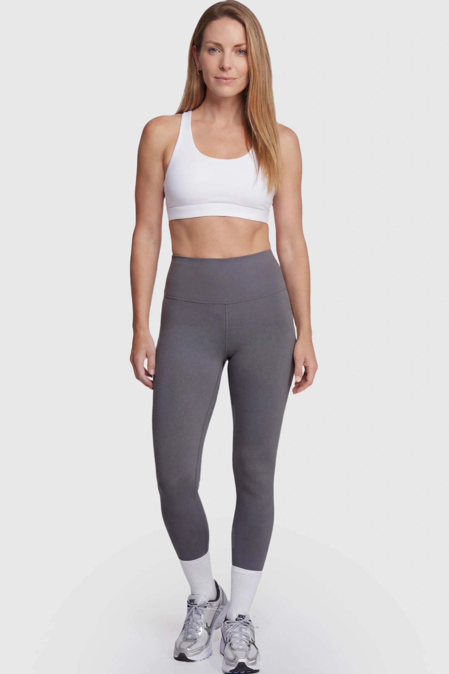 High Waist Slim Fit Maternity Leggings High Waist Slim Fit Maternity Leggings in Gray featuring a seamless full-panel on a postpartum model.