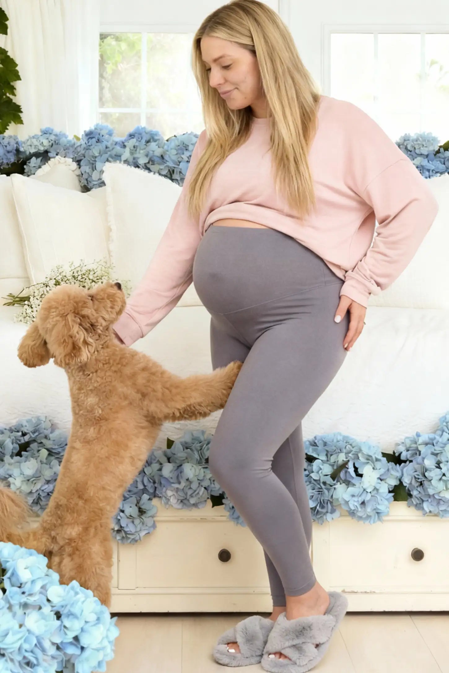 High Waist Slim Fit Maternity Leggings High Waist Slim Fit Maternity Leggings in Gray featuring a seamless full-panel on a pregnant model.