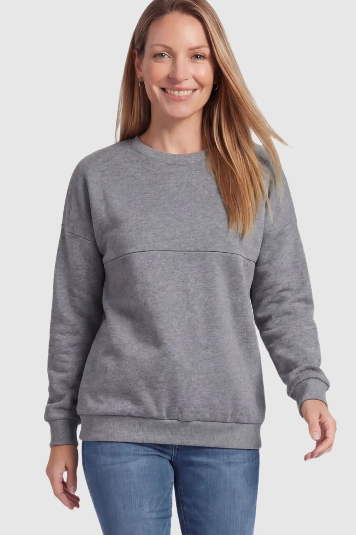 Solid Long Sleeve Pullover Maternity & Nursing Sweatshirt Solid Long Sleeve Pullover Maternity & Nursing Sweatshirt in Dark Gray featuring a hidden zip raised seam on a model.