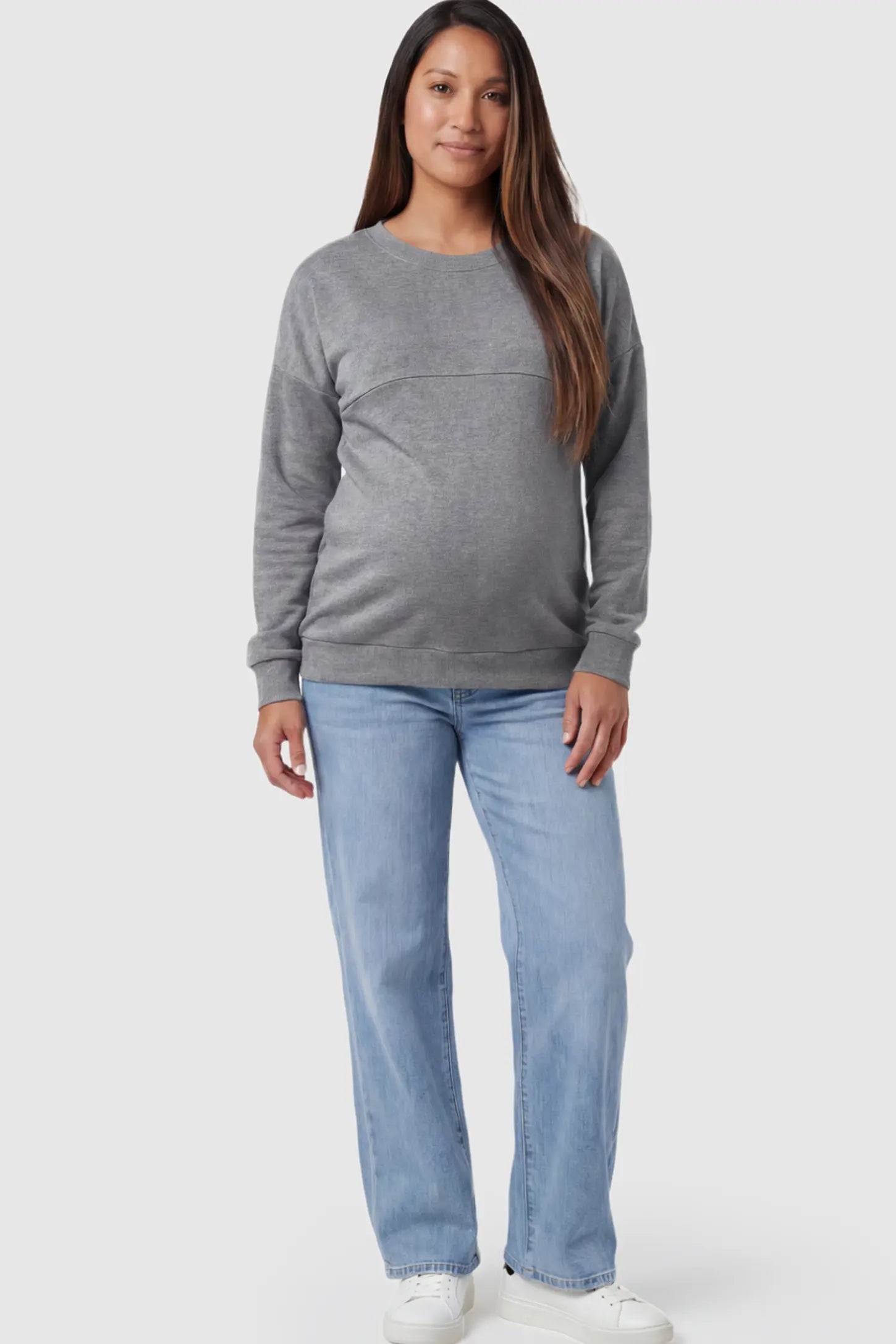 Solid Long Sleeve Pullover Maternity & Nursing Sweatshirt Solid Long Sleeve Pullover Maternity & Nursing Sweatshirt in Dark Gray featuring a hidden zip raised seam on a model.