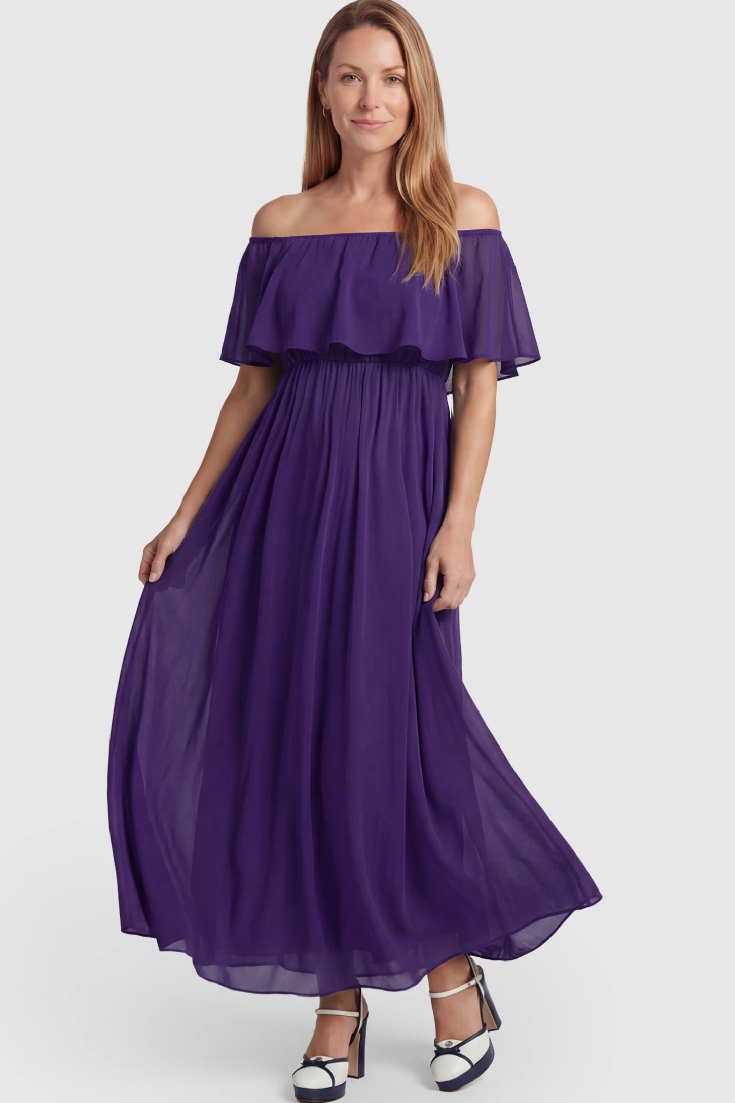 Chiffon Off Shoulder Maternity Maxi Dress Chiffon Off-Shoulder Maternity Maxi Dress in Purple featuring a Floor-length on a postpartum model.
