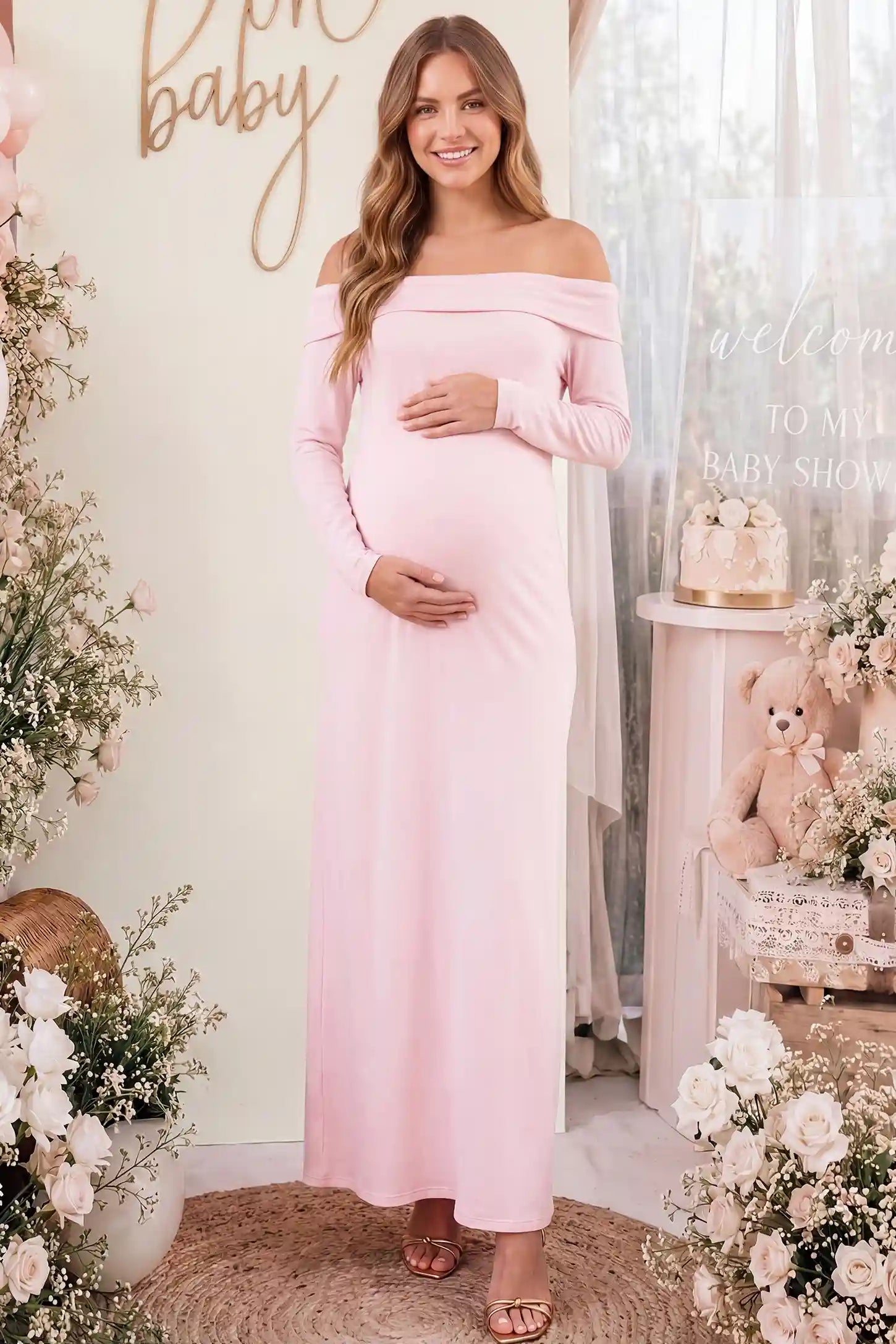 Solid Off Shoulder Bodycon Maternity Maxi Dress