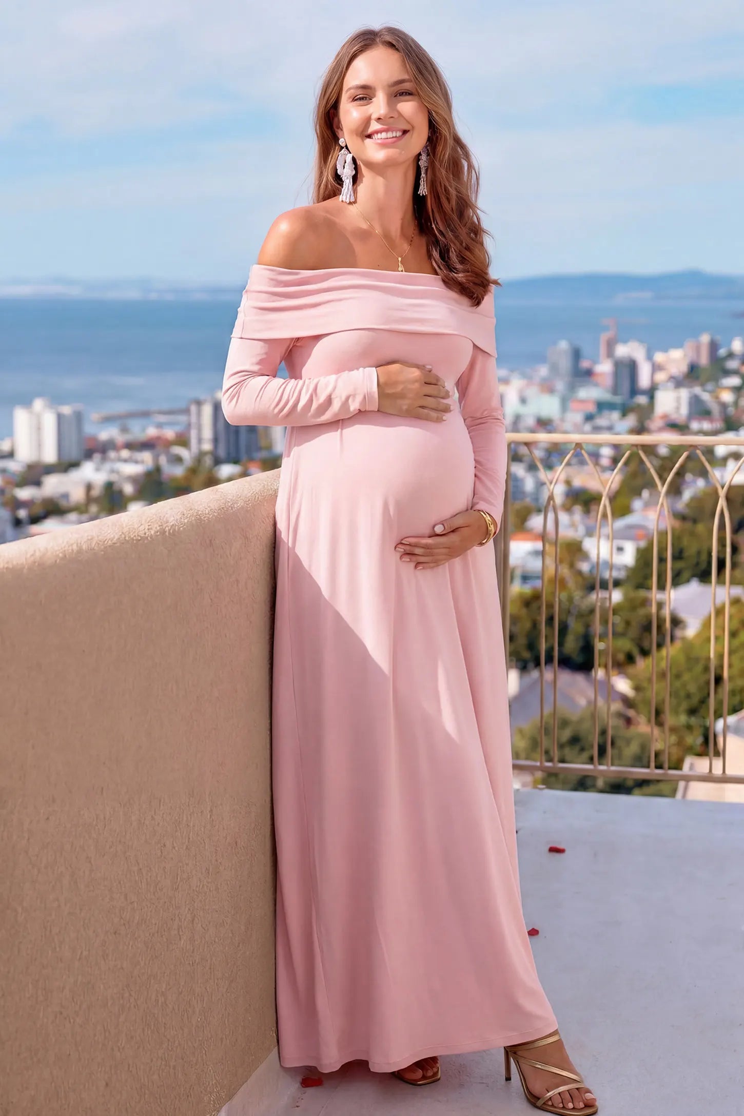 Solid Off Shoulder Bodycon Maternity Maxi Dress