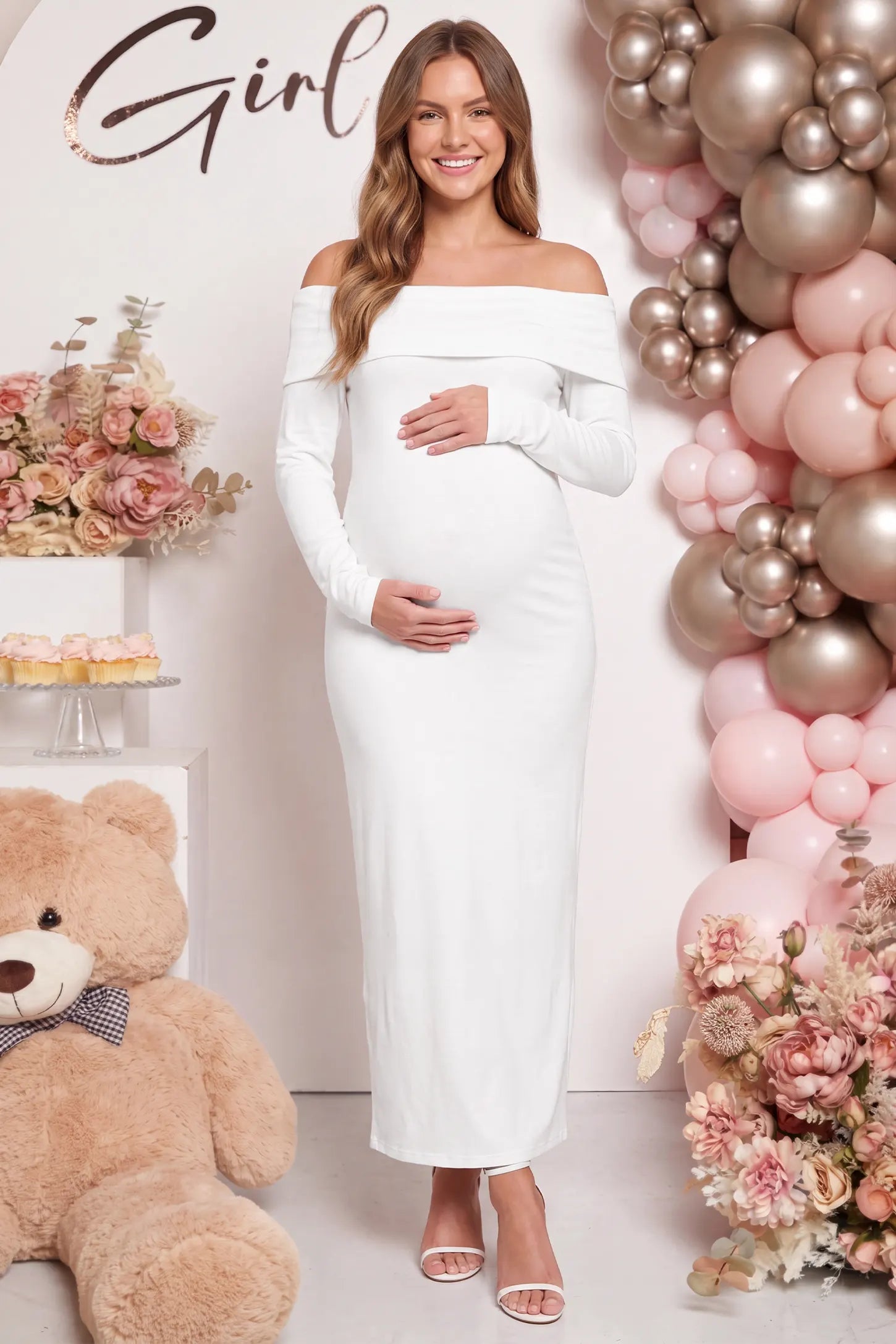 Solid Off Shoulder Bodycon Maternity Maxi Dress