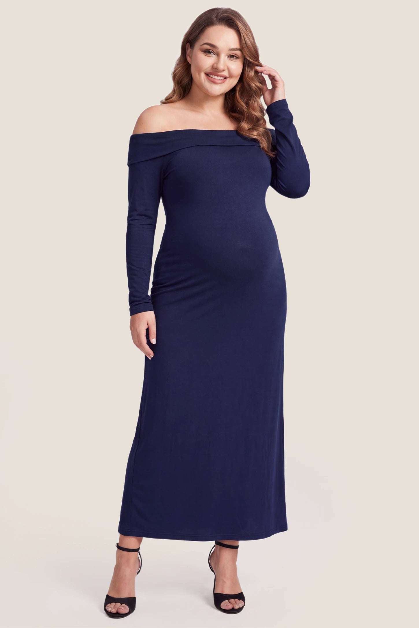Solid Off Shoulder Bodycon Maternity Maxi Dress