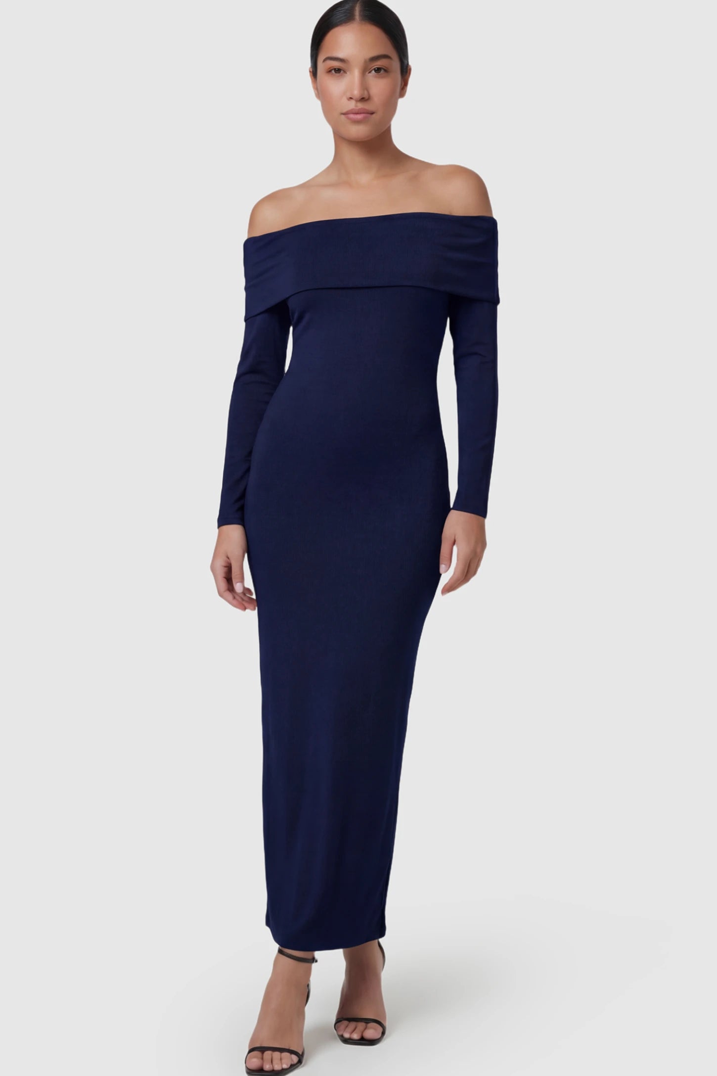 Solid Off Shoulder Bodycon Maternity Maxi Dress Off Shoulder Bodycon Maternity Maxi Dress in Blue featuring a smooth stretch finish on a postpartum model.
