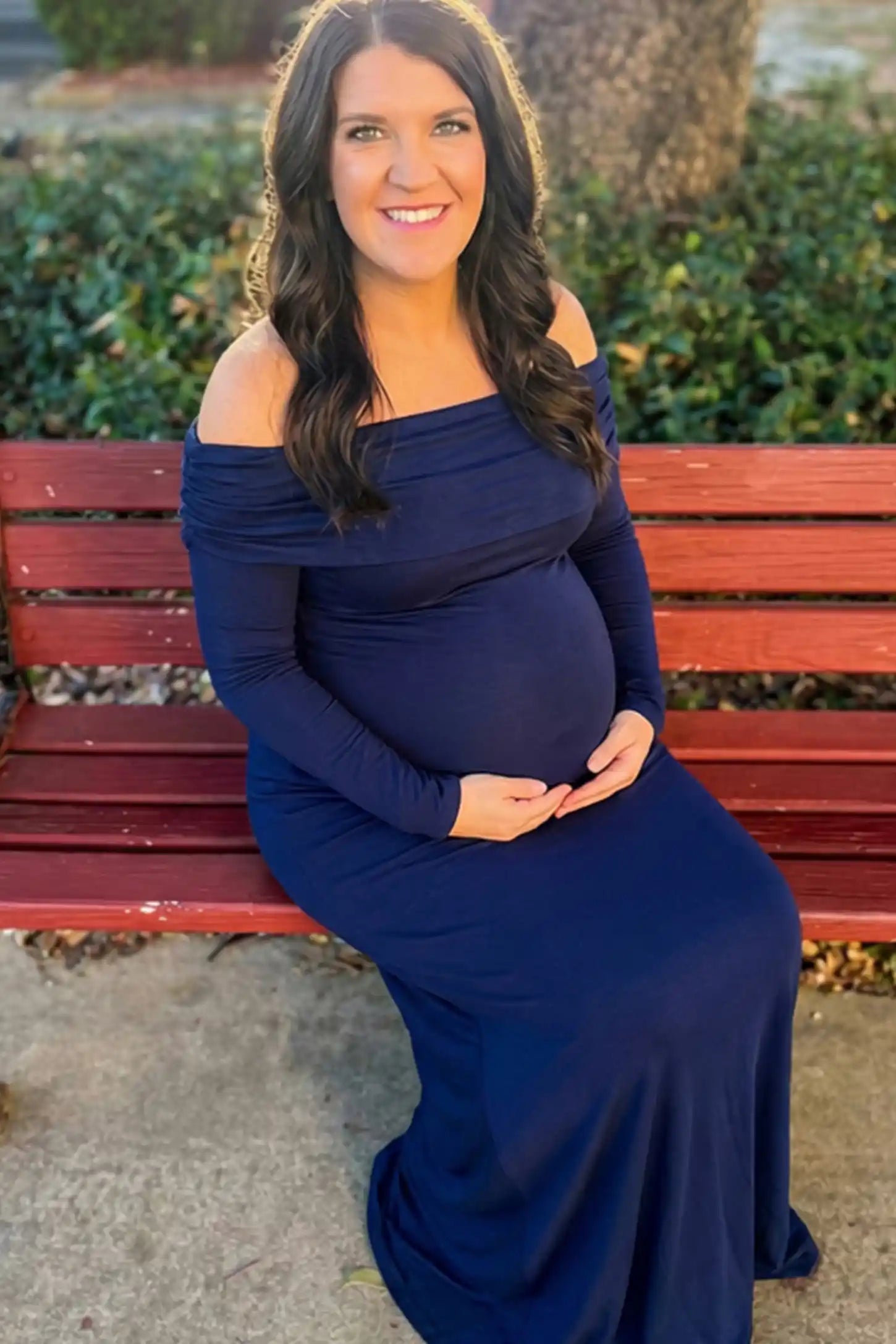 Solid Off Shoulder Bodycon Maternity Maxi Dress Off Shoulder Bodycon Maternity Maxi Dress in Blue featuring a smooth stretch finish on a pregnant model.