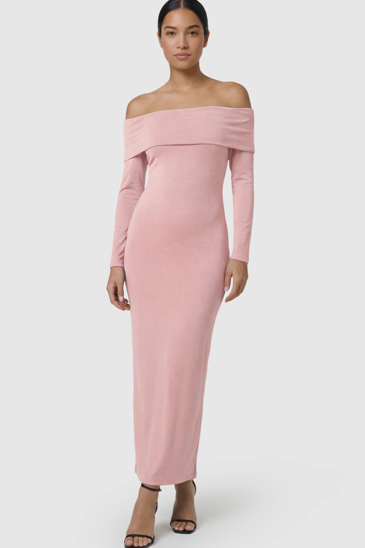 Solid Off Shoulder Bodycon Maternity Maxi Dress Off Shoulder Bodycon Maternity Maxi Dress in Pink featuring a smooth stretch finish on a postpartum model.