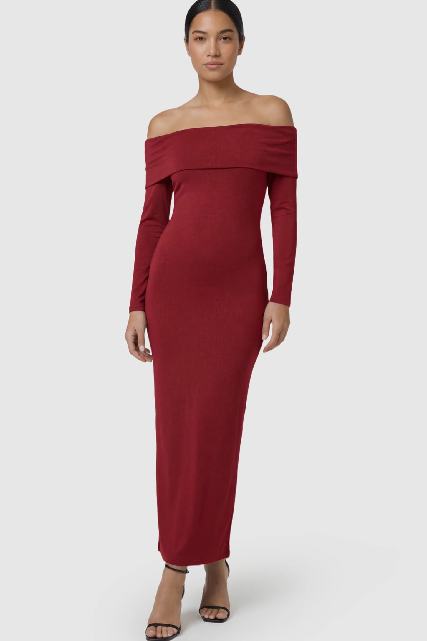 Solid Off Shoulder Bodycon Maternity Maxi Dress Off Shoulder Bodycon Maternity Maxi Dress in Red featuring a smooth stretch finish on a postpartum model.