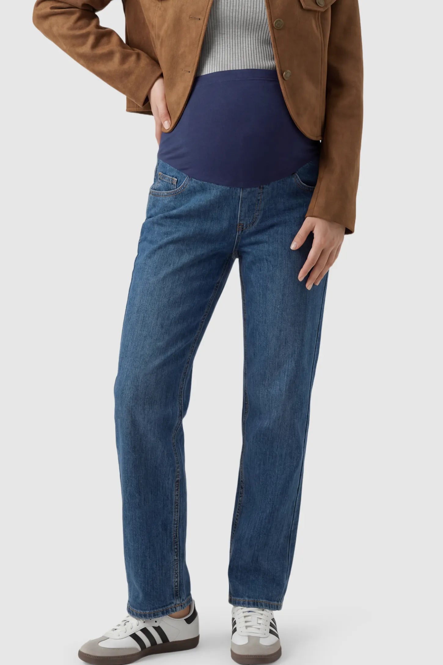 Full Panel Straight Leg Maternity Jeans in Blue featuring a stretch waistband on a pregnant model showing front.