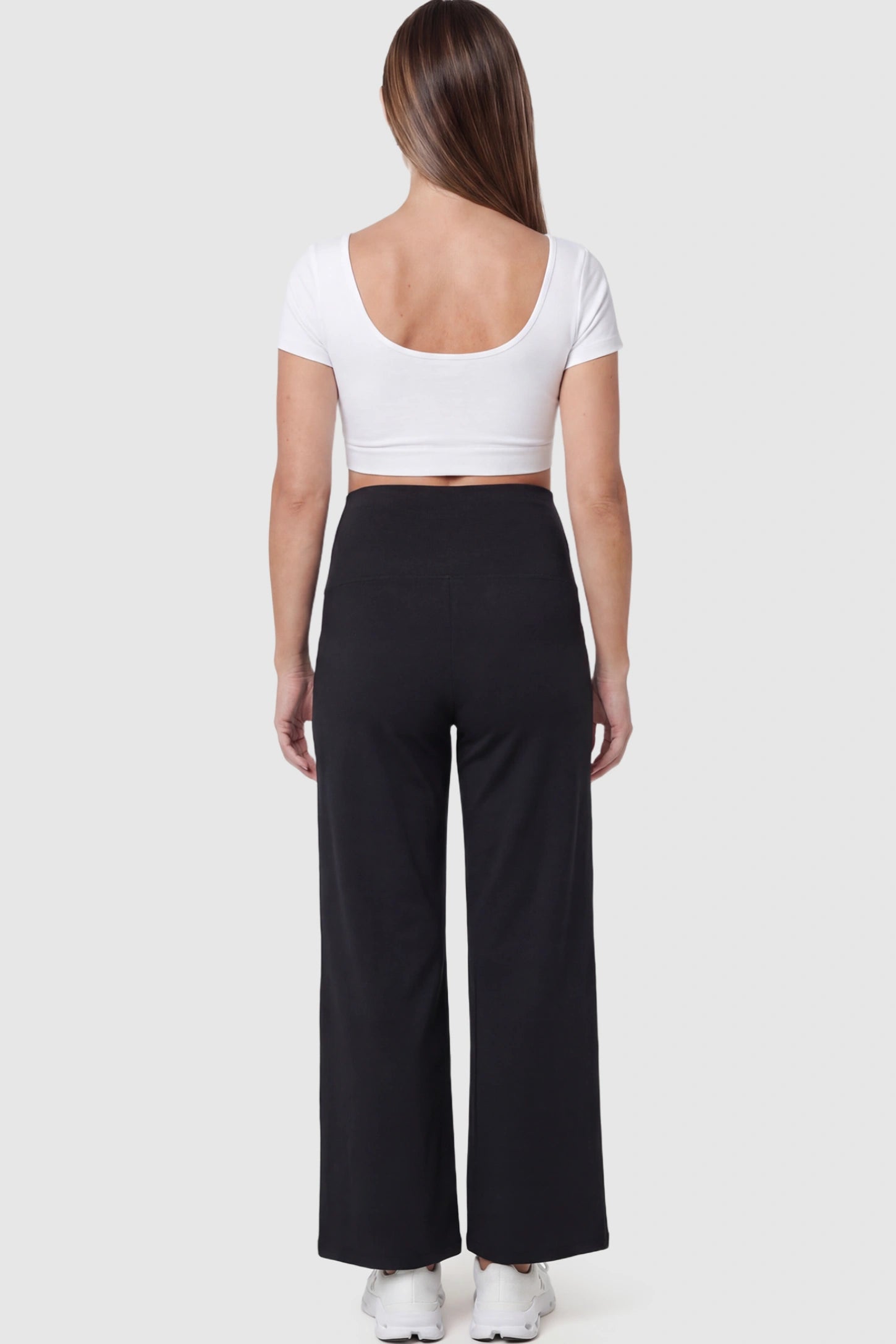 High Waisted Full Panel Wide Leg Maternity Pants High Waisted Full Panel Wide Leg Maternity Pants in Black on a pregnant model.