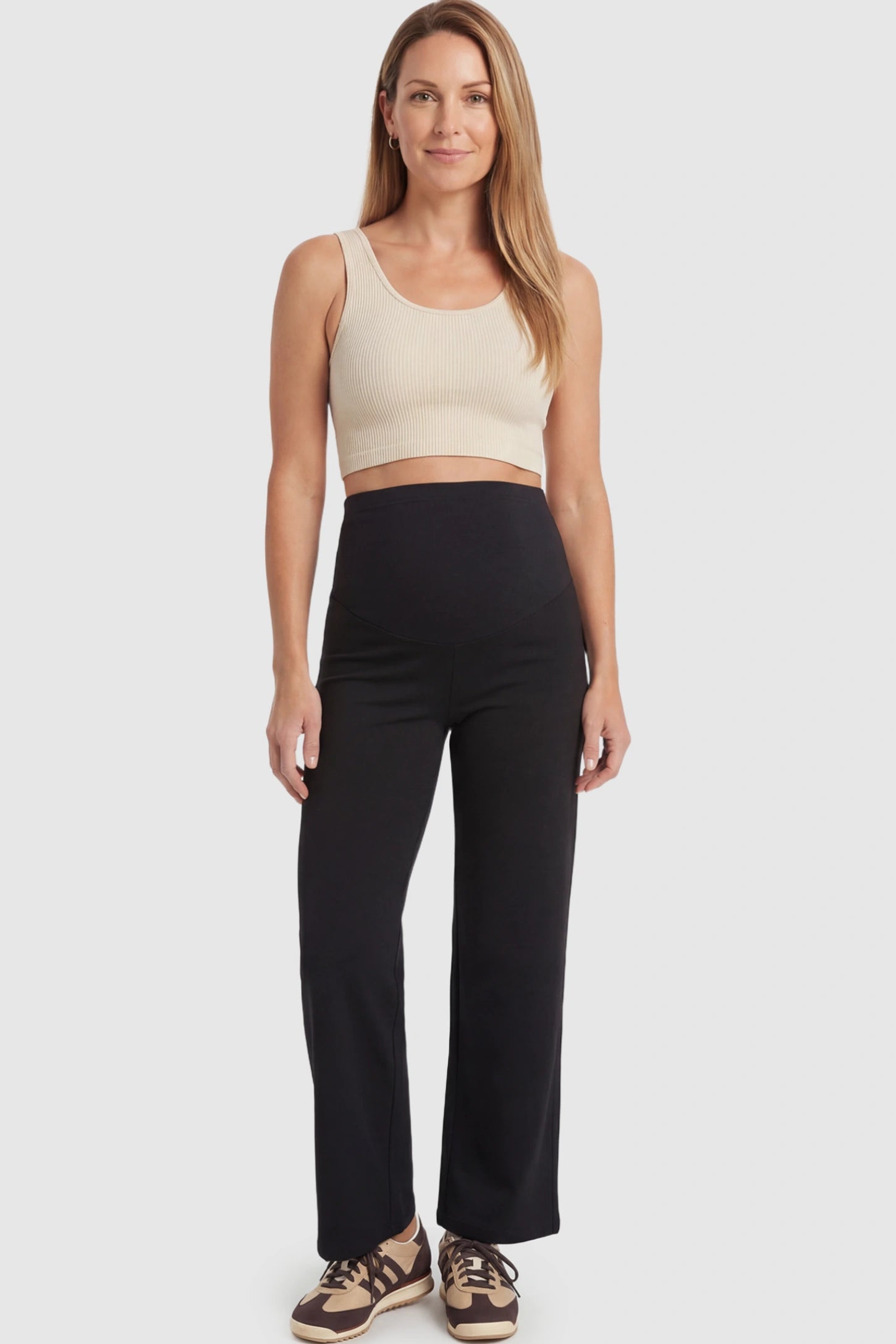 High Waisted Full Panel Wide Leg Maternity Pants High Waisted Full Panel Wide Leg Maternity Pants in Black featuring a stretch waistband on a postpartum model.