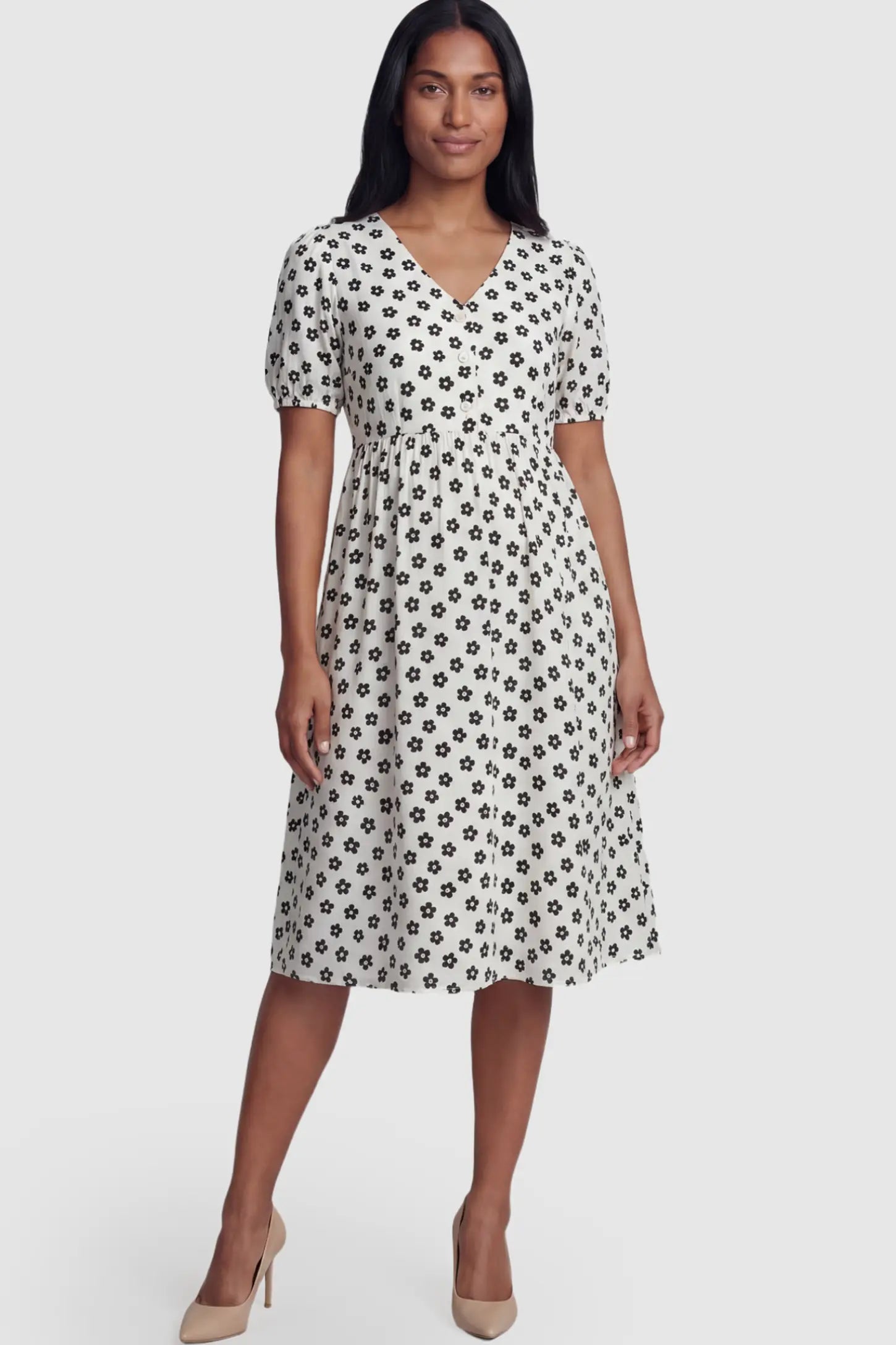 Floral V-Neck Short Sleeve Maternity Nursing Dress Floral Print V-Neck Maternity Nursing Dress in Black featuring functional button-front details on a postpartum model.