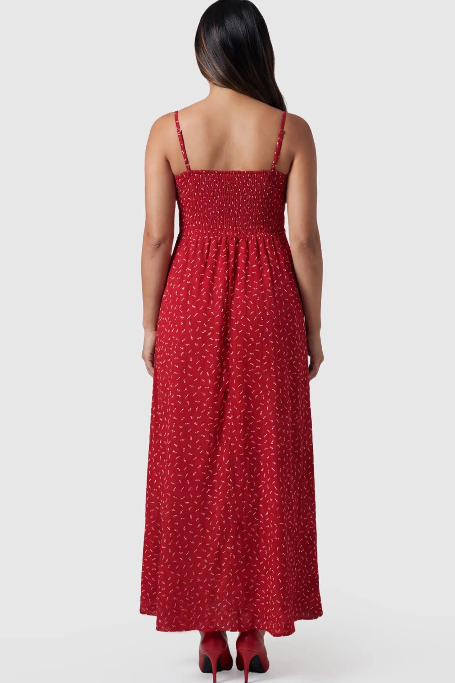 Floral Sweetheart Neck Pleated Maternity Midi Dress Floral Sweetheart Neck Pleated Midi Maternity Dress in Red Ditsy Floral featuring a delicate chiffon drape on a pregnant model.