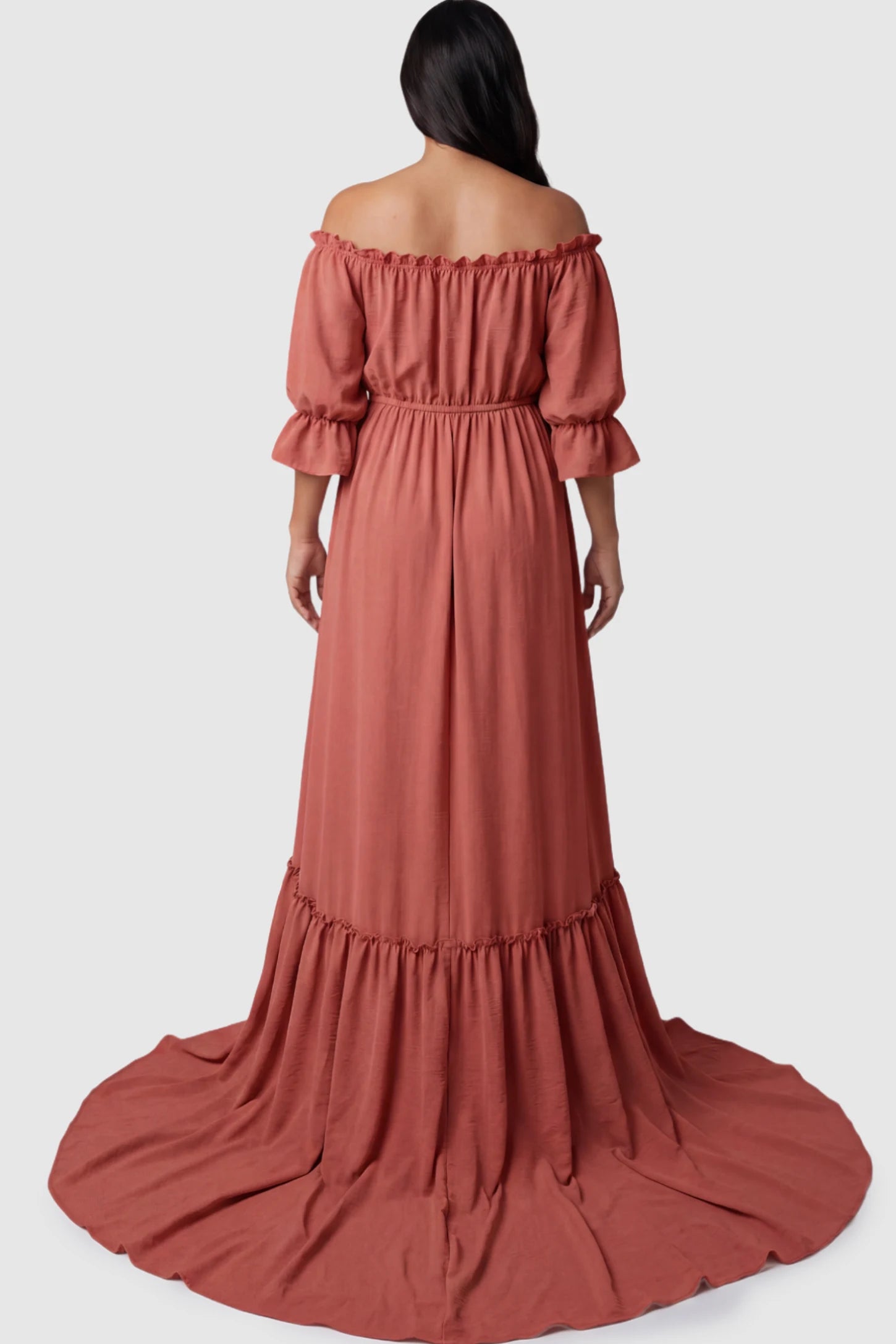 Linen-Blend Button Down Off Shoulder Maternity Maxi Dress Linen-Blend Off-the-Shoulder Maternity Maxi Dress in Pink on a pregnant model.