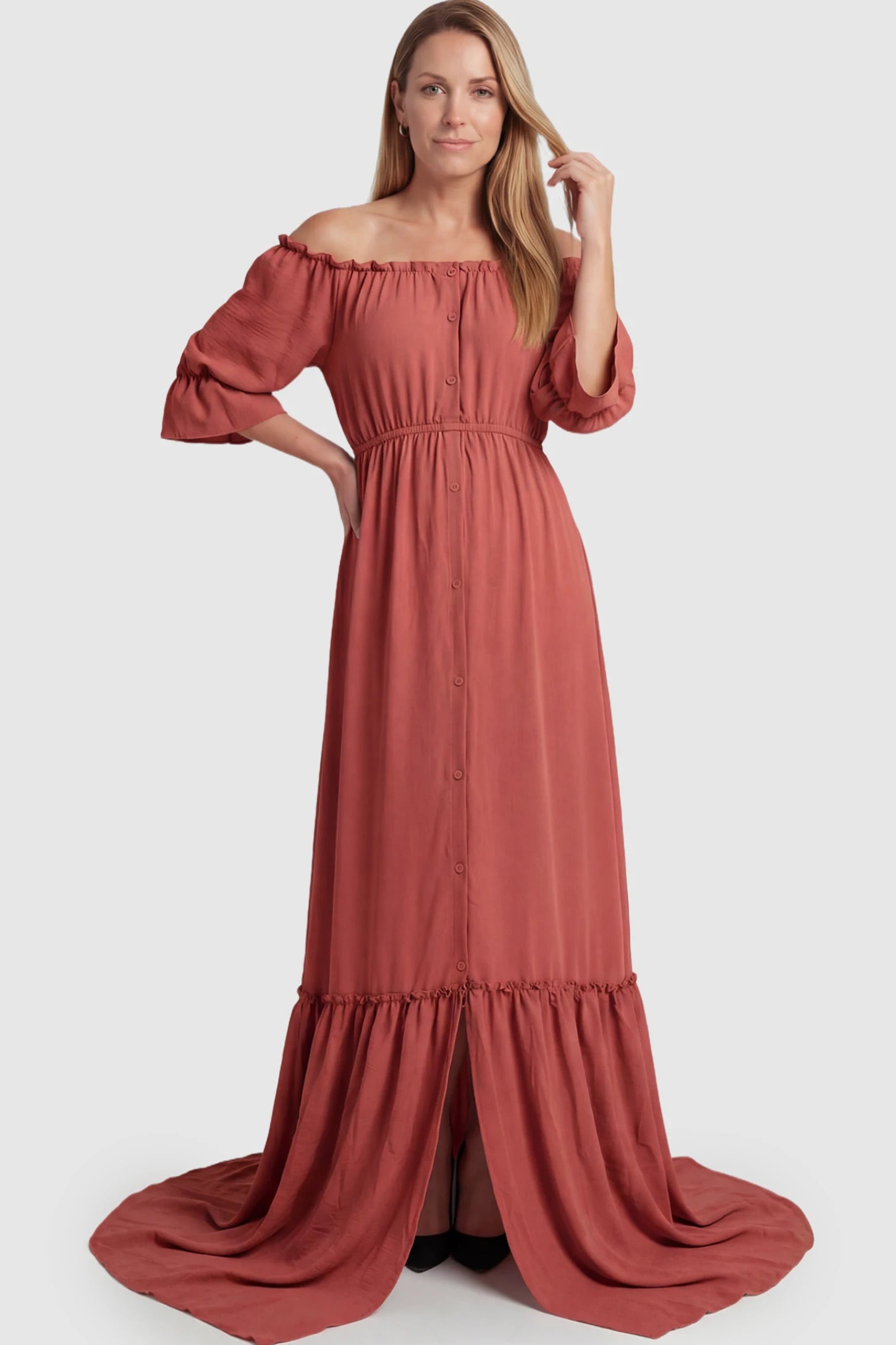 Linen-Blend Button Down Off Shoulder Maternity Maxi Dress Linen-Blend Off-the-Shoulder Maternity Maxi Dress in Pink featuring a button-down front on a postpartum model.