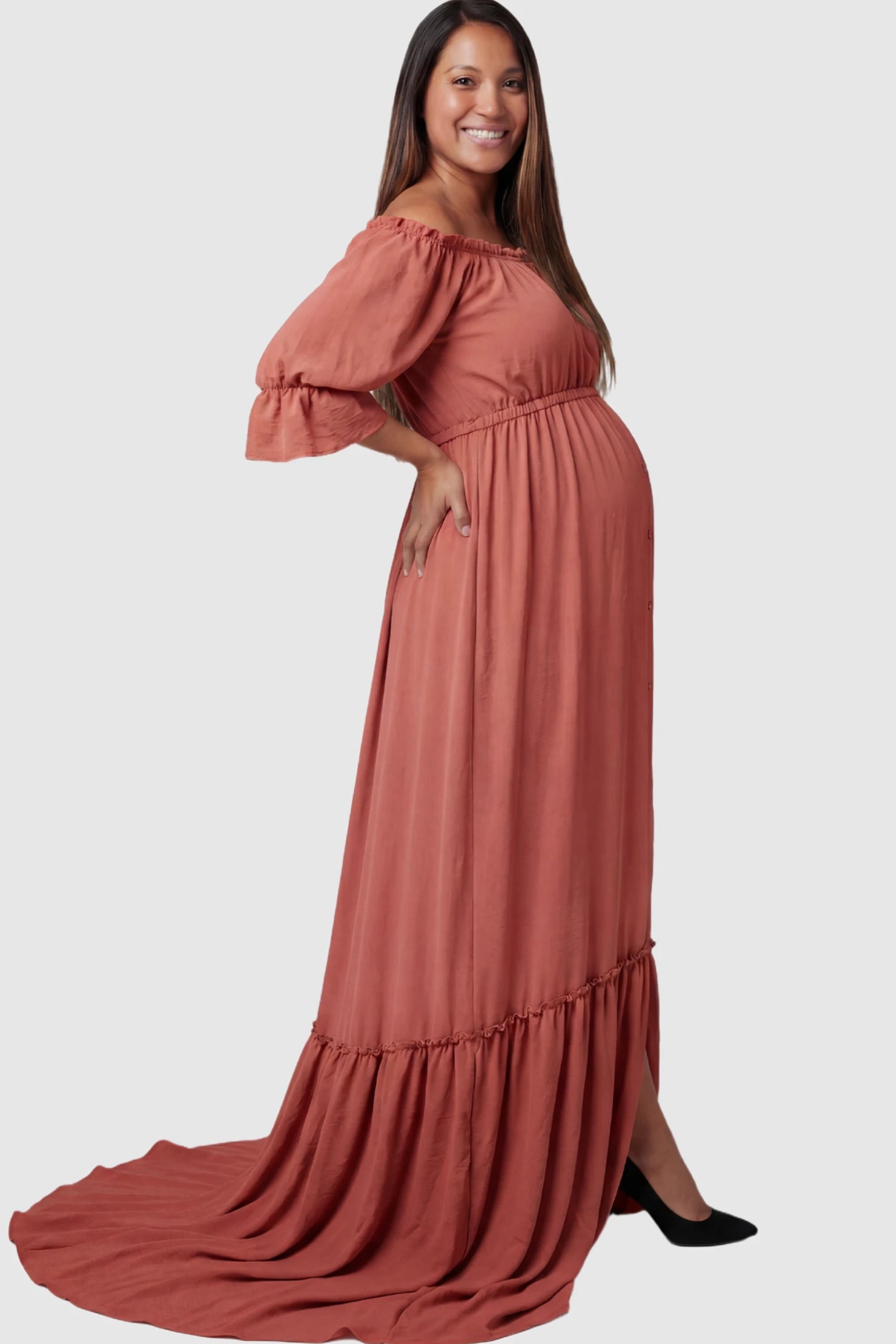 Linen-Blend Button Down Off Shoulder Maternity Maxi Dress Linen-Blend Off-the-Shoulder Maternity Maxi Dress in Pink featuring a button-down front on a pregnant model.