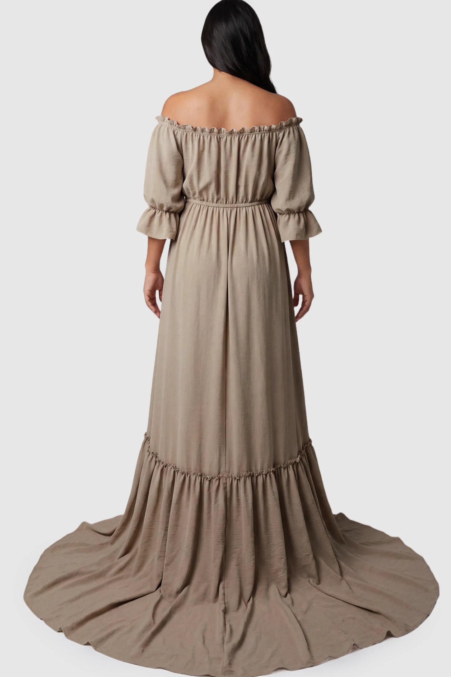 Linen-Blend Button Down Off Shoulder Maternity Maxi Dress Linen-Blend Off-the-Shoulder Maternity Maxi Dress in Apricot on a pregnant model.