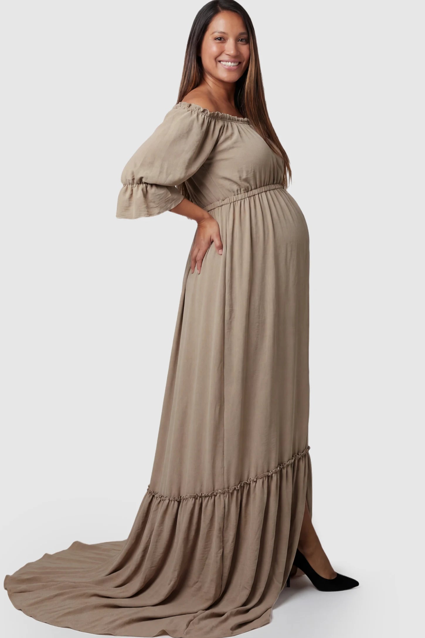 Linen-Blend Button Down Off Shoulder Maternity Maxi Dress Linen-Blend Off-the-Shoulder Maternity Maxi Dress in Apricot featuring a button-down front on a pregnant model.