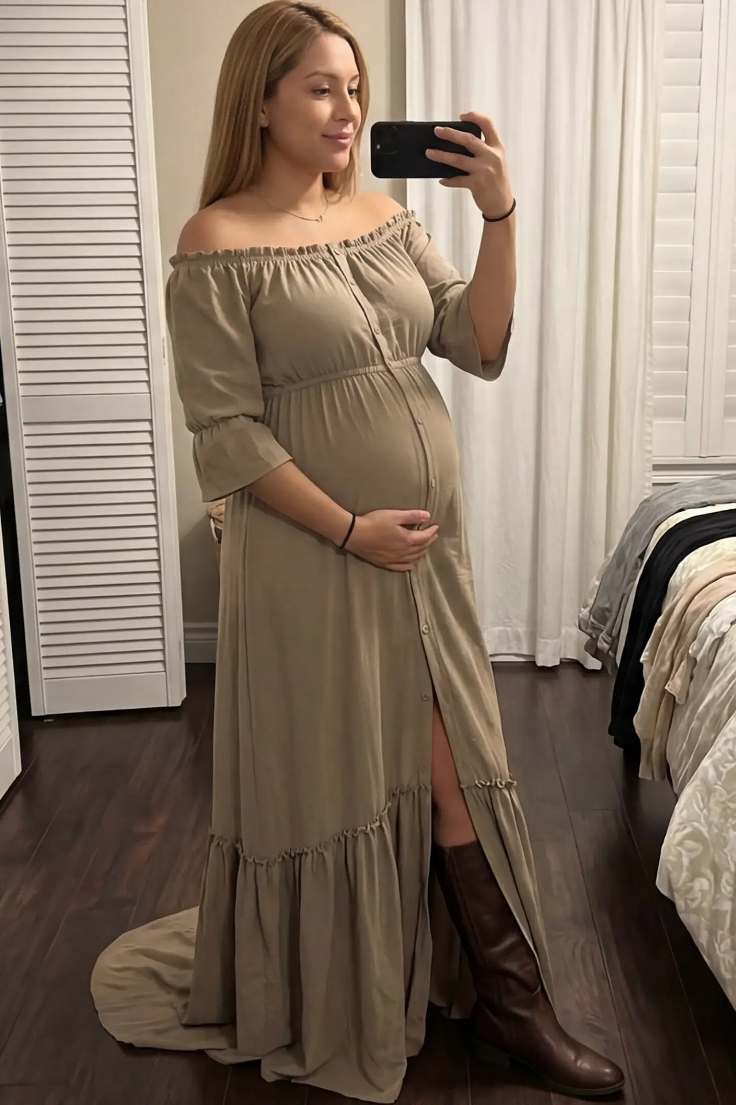 Linen-Blend Button Down Off Shoulder Maternity Maxi Dress Linen-Blend Off-the-Shoulder Maternity Maxi Dress in Apricot featuring a button-down front on a pregnant model.