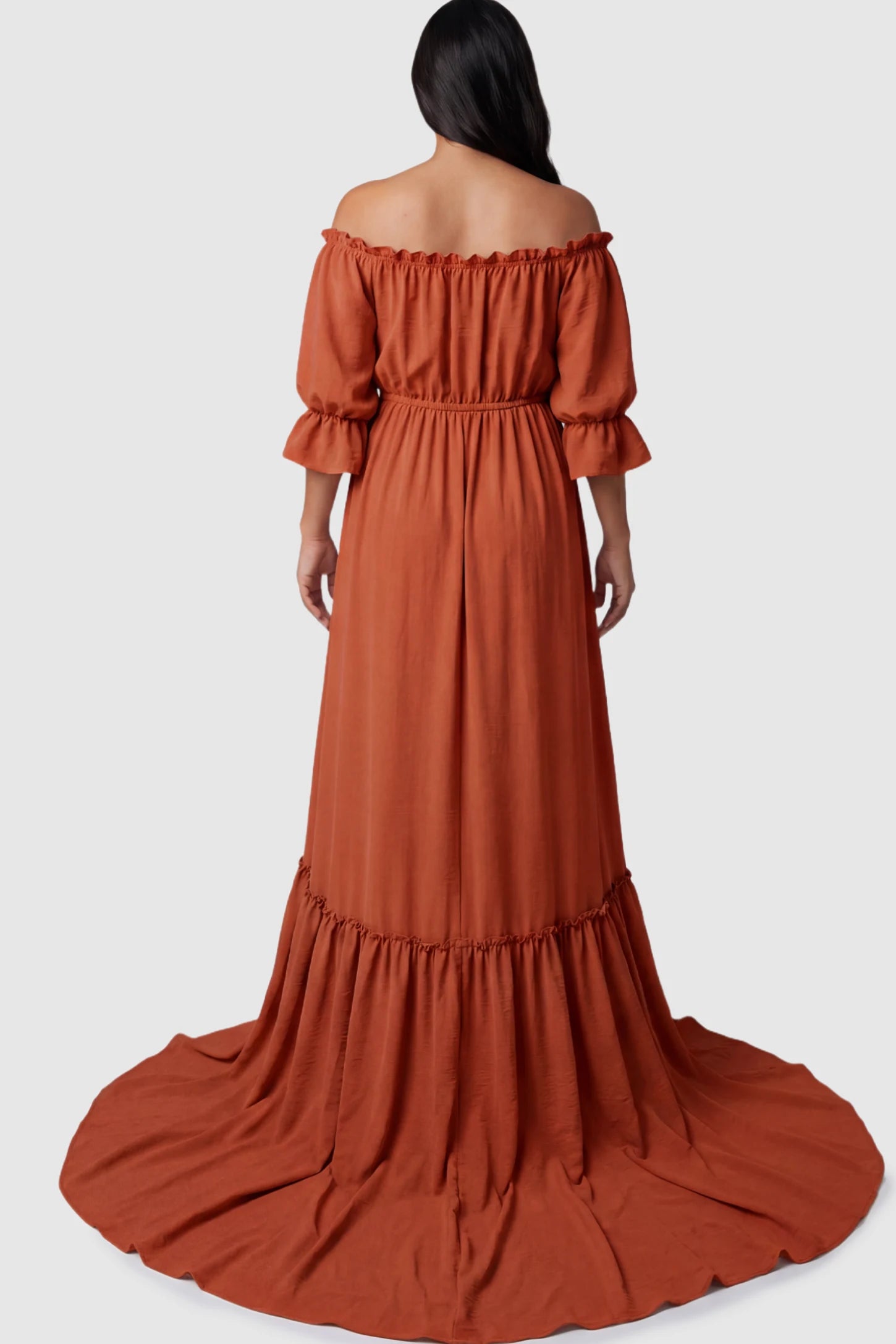 Linen-Blend Button Down Off Shoulder Maternity Maxi Dress Linen-Blend Off-the-Shoulder Maternity Maxi Dress in Orange on a pregnant model.