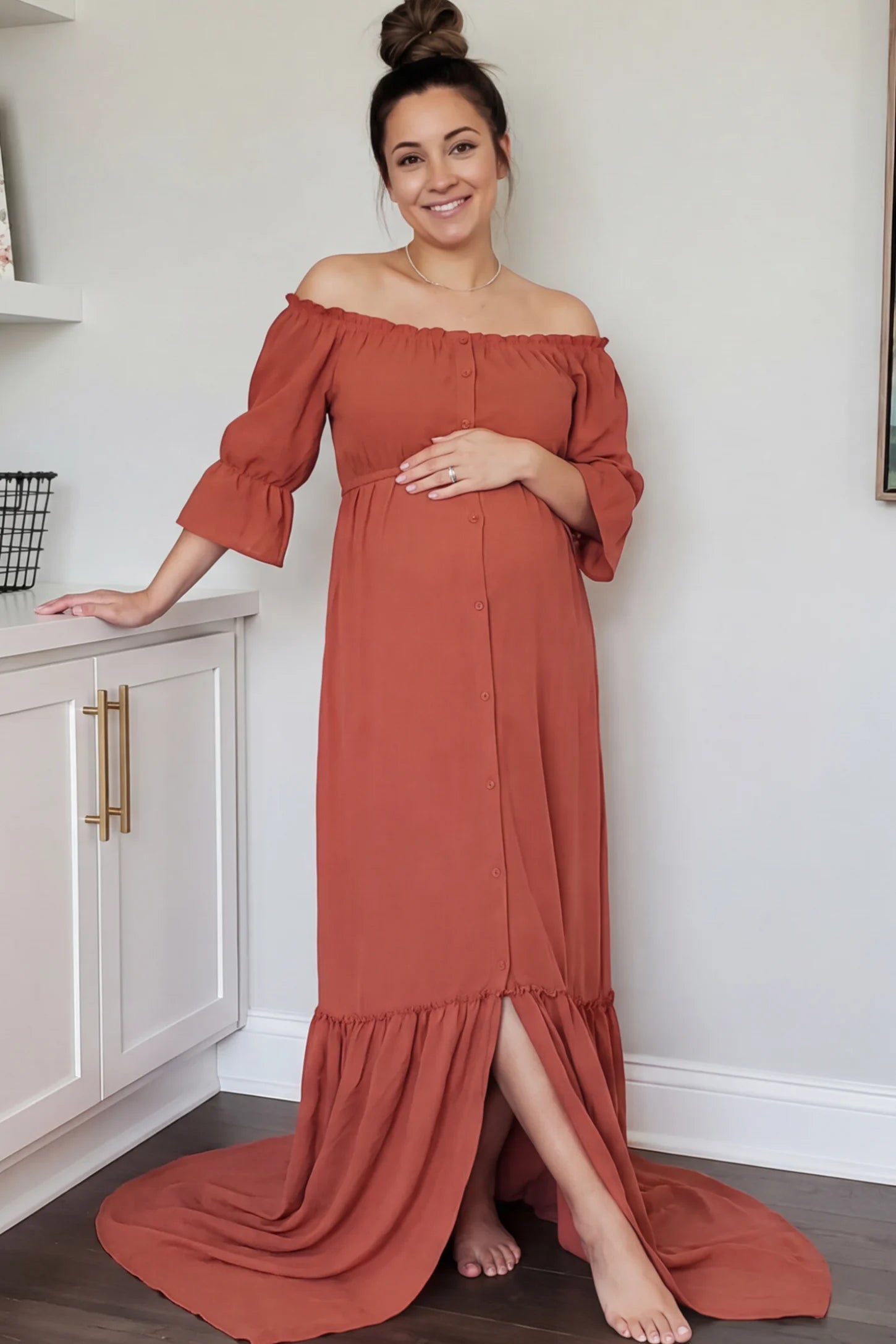Linen-Blend Button Down Off Shoulder Maternity Maxi Dress Linen-Blend Off-the-Shoulder Maternity Maxi Dress in Pink featuring a button-down front on a pregnant model.