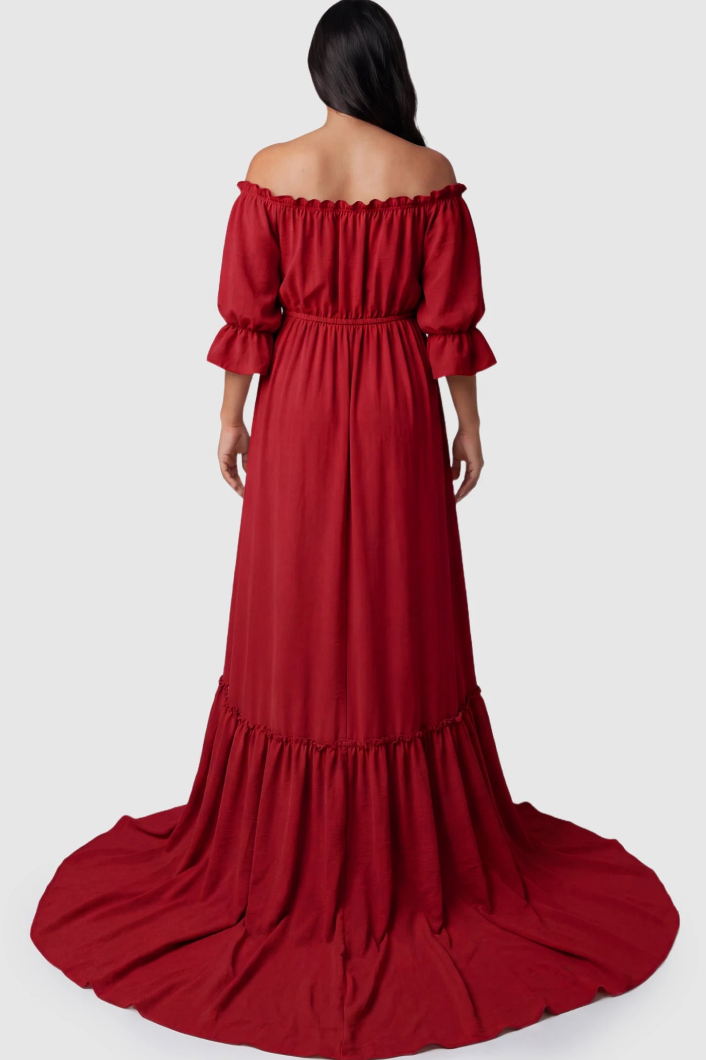 Linen-Blend Button Down Off Shoulder Maternity Maxi Dress Linen-Blend Off-the-Shoulder Maternity Maxi Dress in Wine Red on a pregnant model.