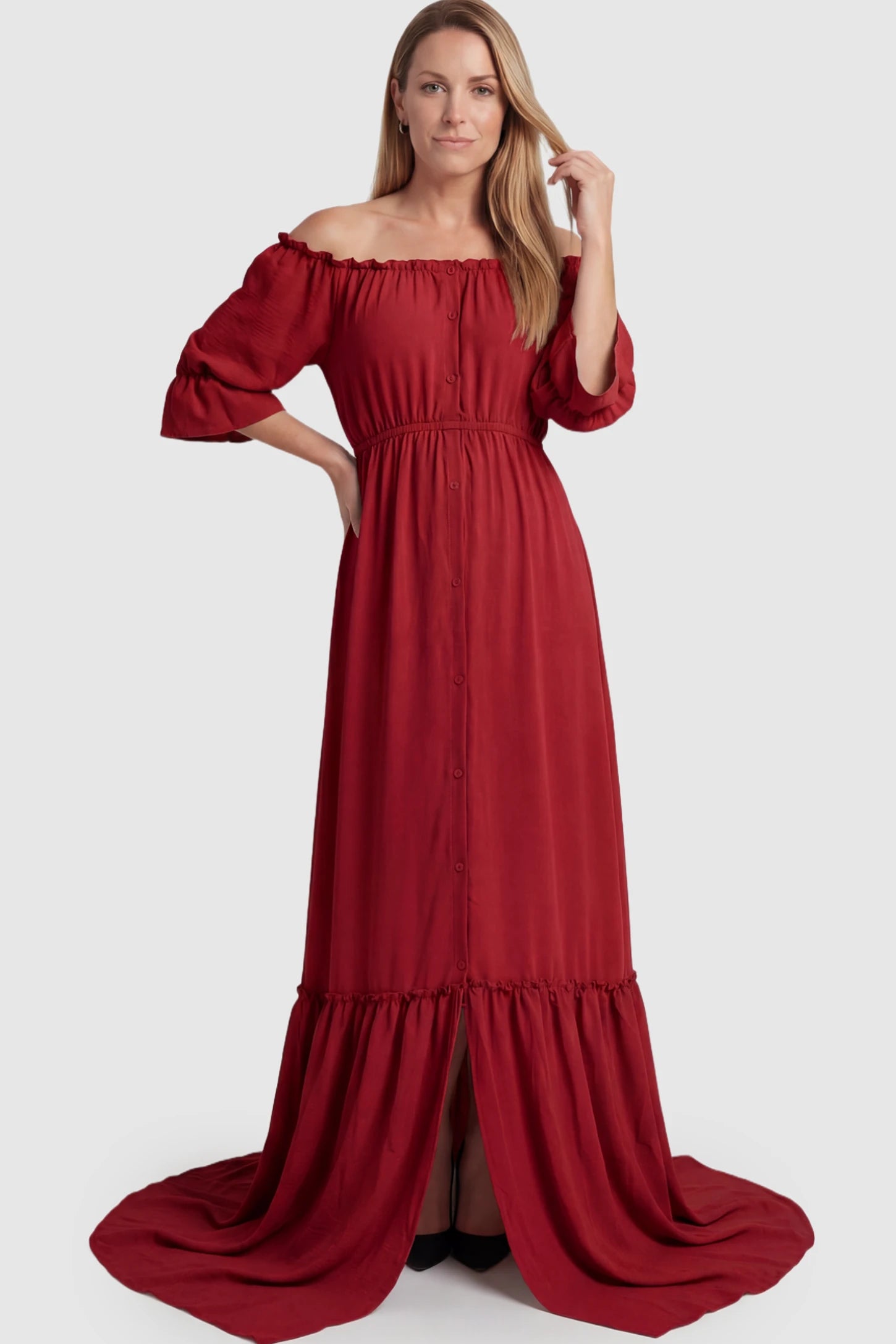Linen-Blend Button Down Off Shoulder Maternity Maxi Dress Linen-Blend Off-the-Shoulder Maternity Maxi Dress in Wine Red featuring a button-down front on a postpartum model.