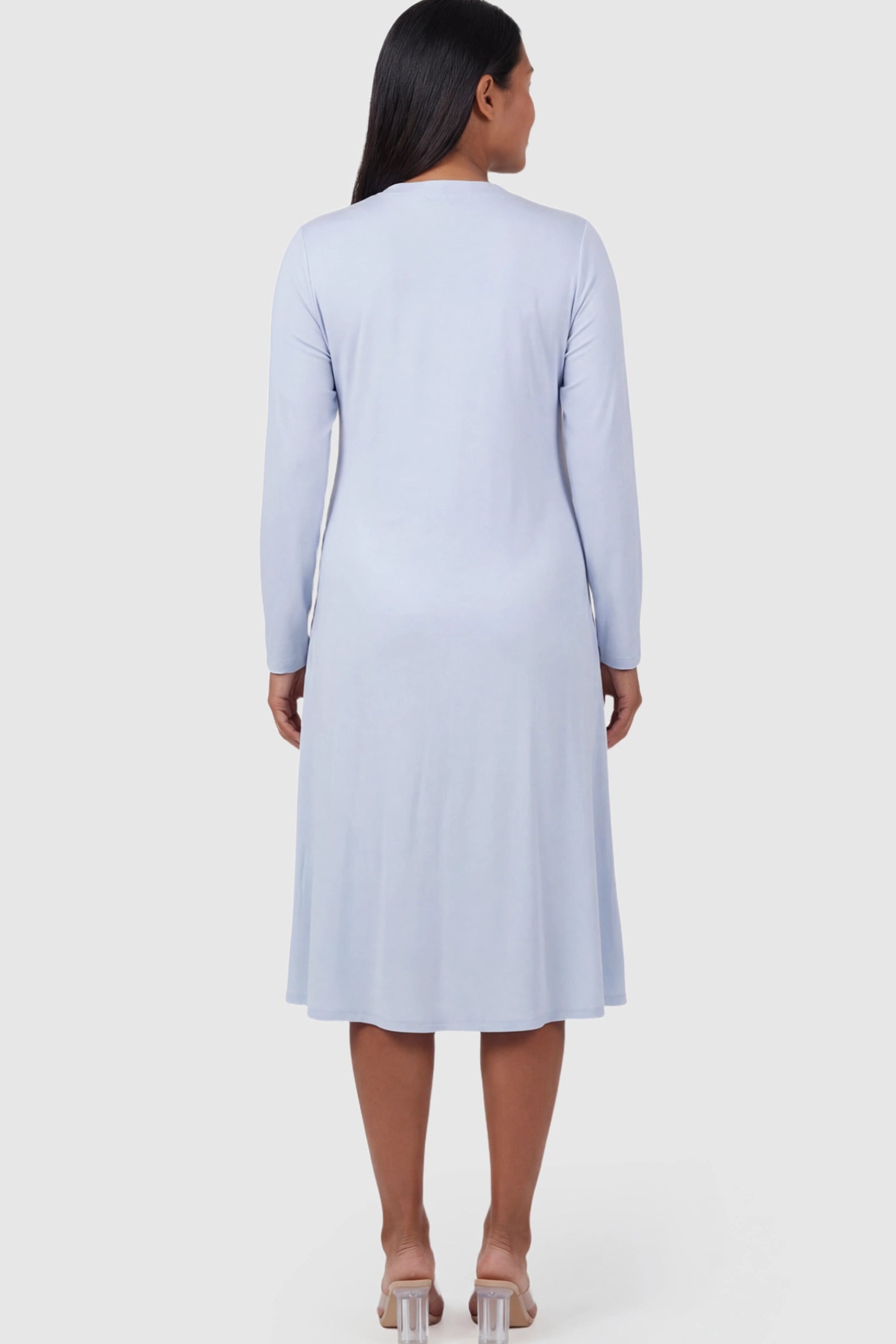 Pure Cotton V-Neck Button Front Maternity Nursing Dress Pure Cotton V-Neck Button Front Maternity Nursing Dress in Light Blue on a pregnant model.