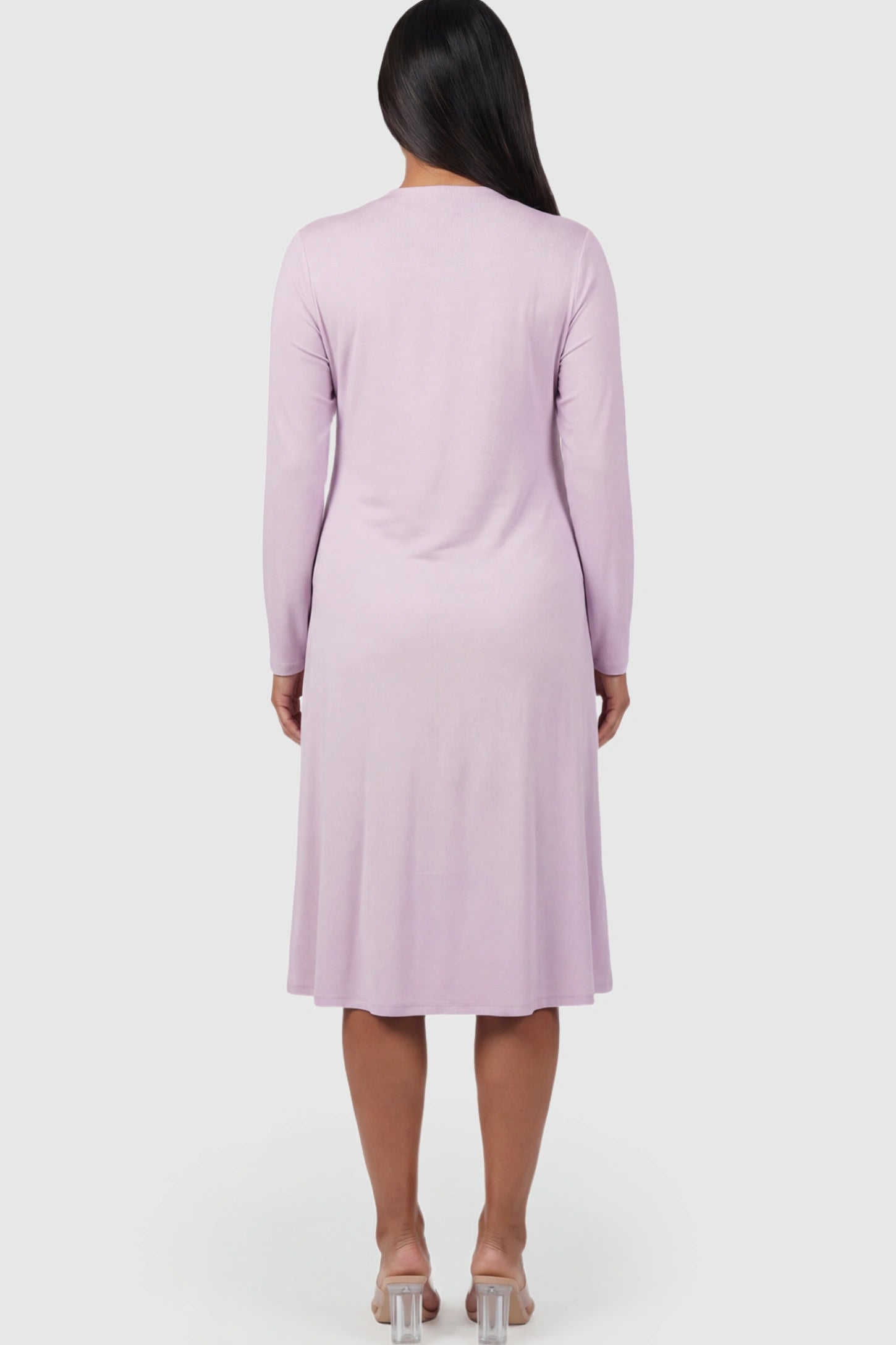 Pure Cotton V-Neck Button Front Maternity Nursing Dress Pure Cotton V-Neck Button Front Maternity Nursing Dress in Light Purple on a pregnant model.