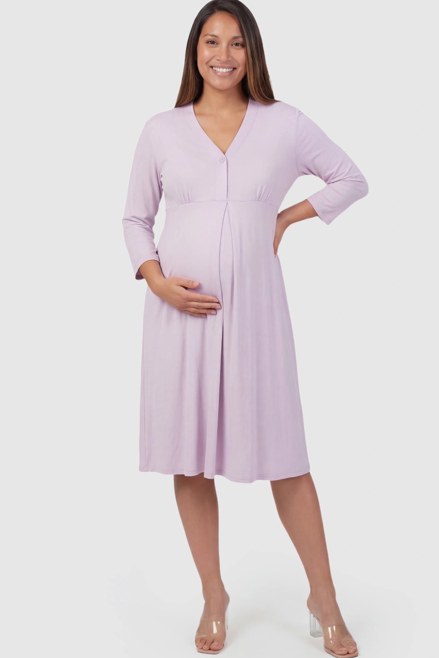 Pure Cotton V-Neck Button Front Maternity Nursing Dress in Light Purple on a pregnant model.