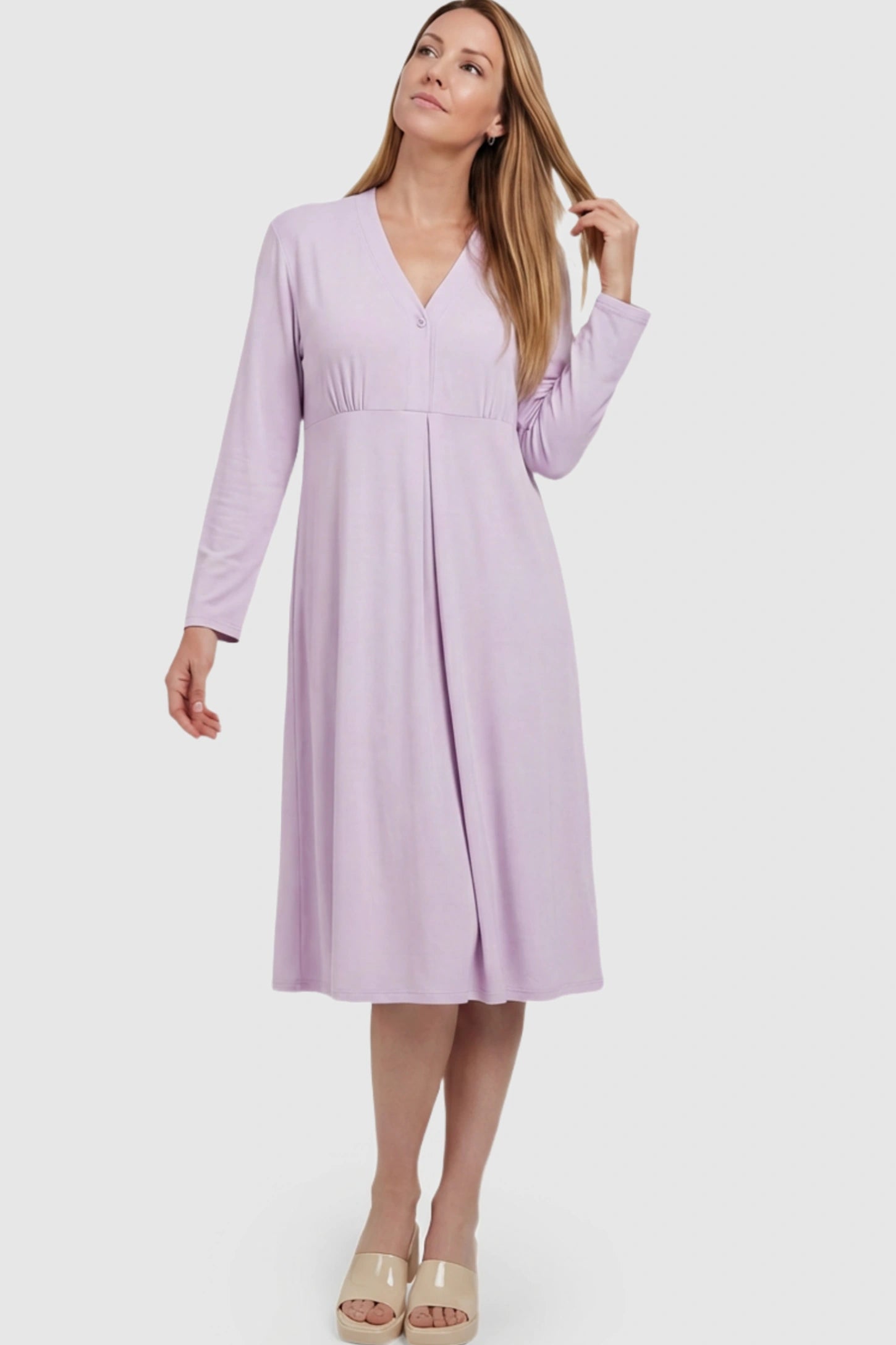 Pure Cotton V-Neck Button Front Maternity Nursing Dress Pure Cotton V-Neck Button Front Maternity Nursing Dress in Light Purple on a postpartum model.