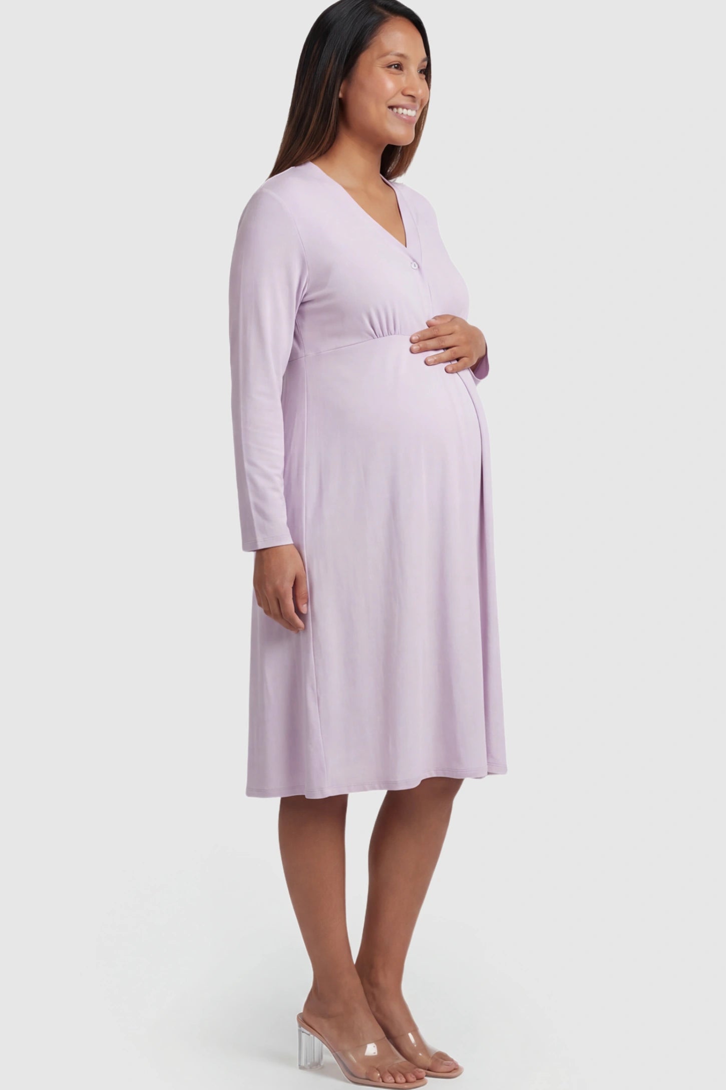 Pure Cotton V-Neck Button Front Maternity Nursing Dress in Light Purple on a pregnant model.