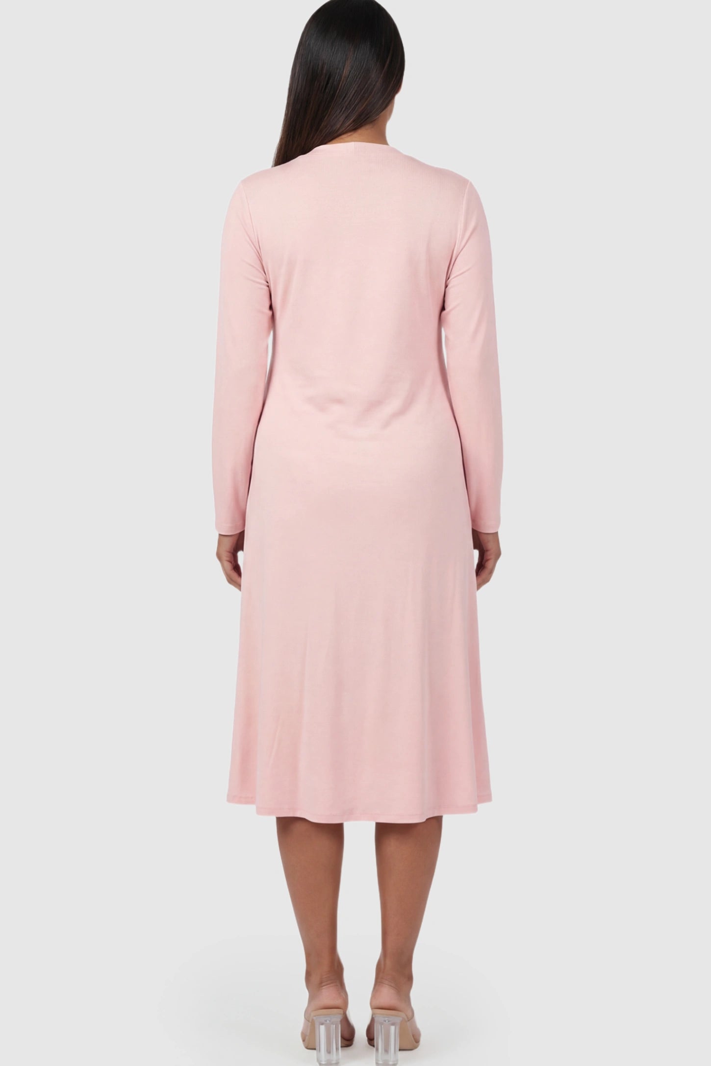 Pure Cotton V-Neck Button Front Maternity Nursing Dress Pure Cotton V-Neck Button Front Maternity Nursing Dress in Pink on a pregnant model.