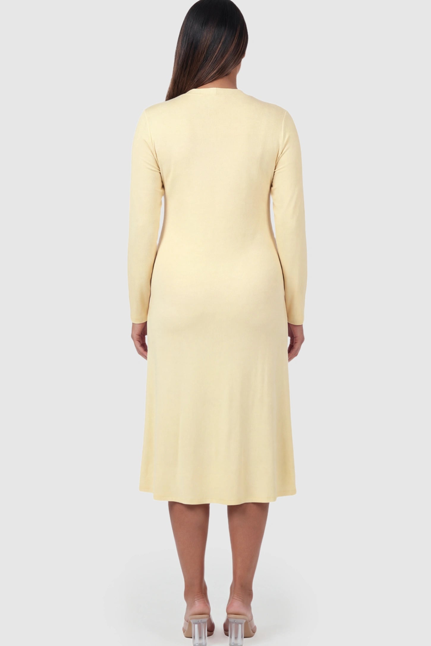 Pure Cotton V-Neck Button Front Maternity Nursing Dress Pure Cotton V-Neck Button Front Maternity Nursing Dress in Yellow on a pregnant model.