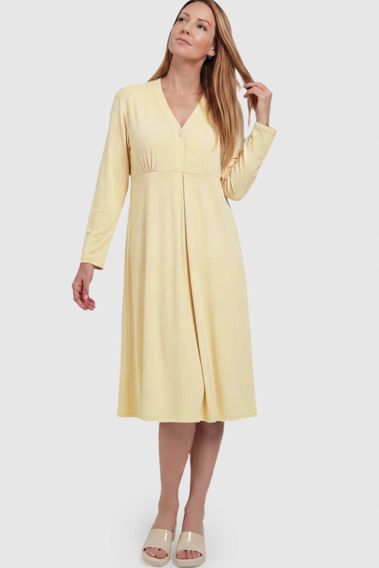 Pure Cotton V-Neck Button Front Maternity Nursing Dress Pure Cotton V-Neck Button Front Maternity Nursing Dress in Yellow on a postpartum model.