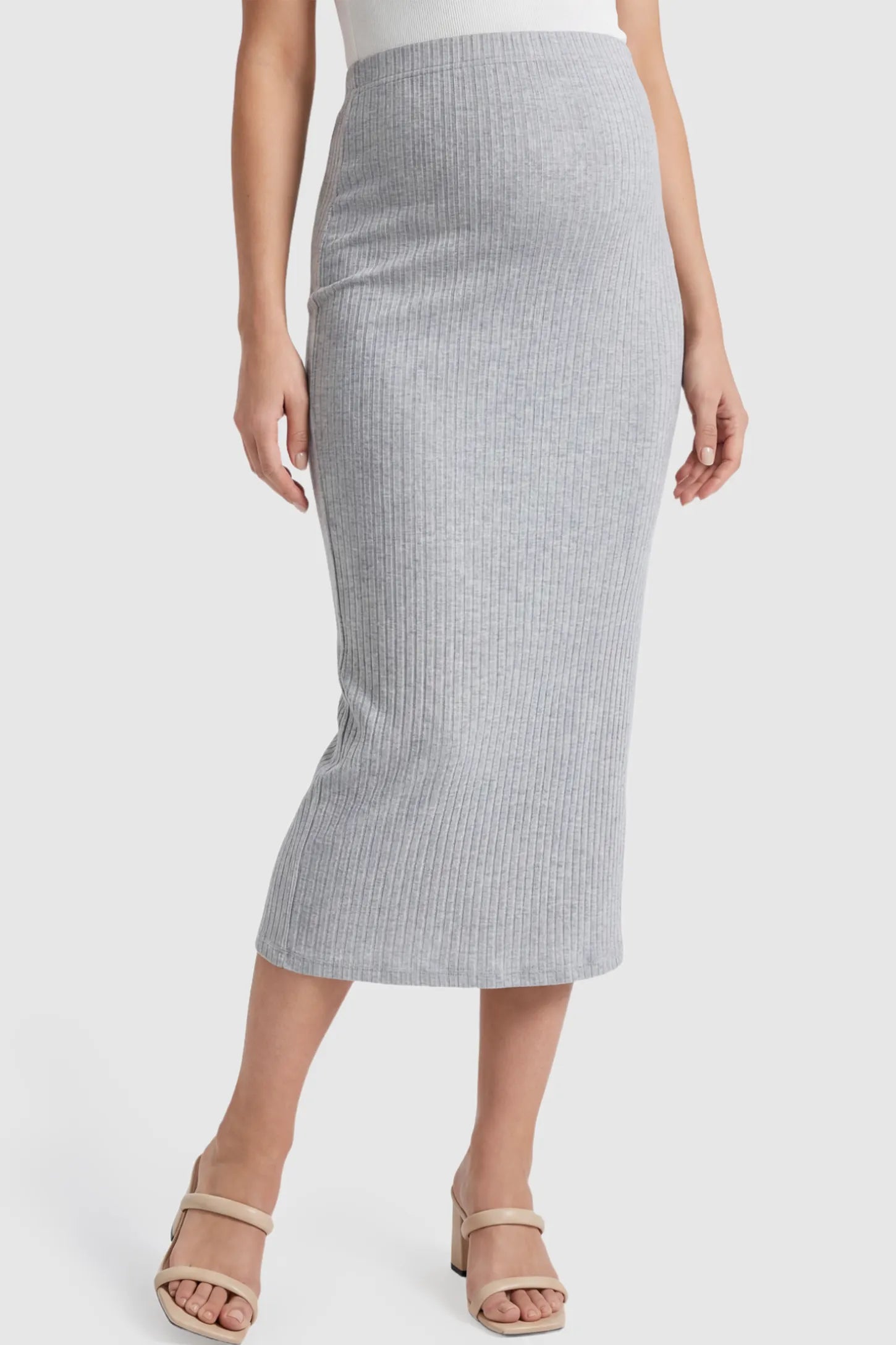 Ribbed Knit High Waist Maternity Skirt Ribbed Knit High Waist Maternity Skirt in Gray featuring a vertical ribbed texture on a pregnant model showing front.